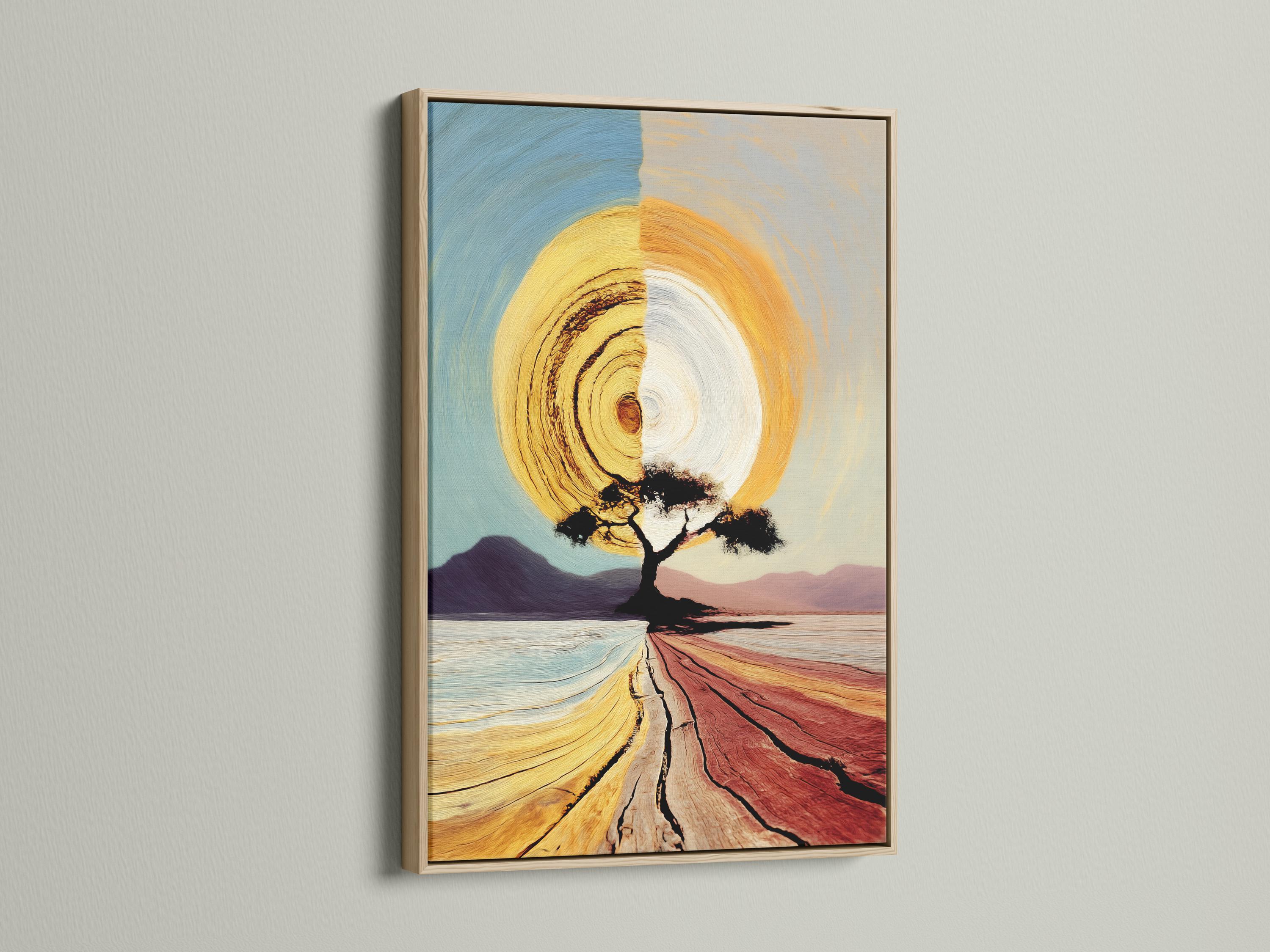 Abstract landscape with a golden sun, dark tree silhouette and curved red path bands detail view