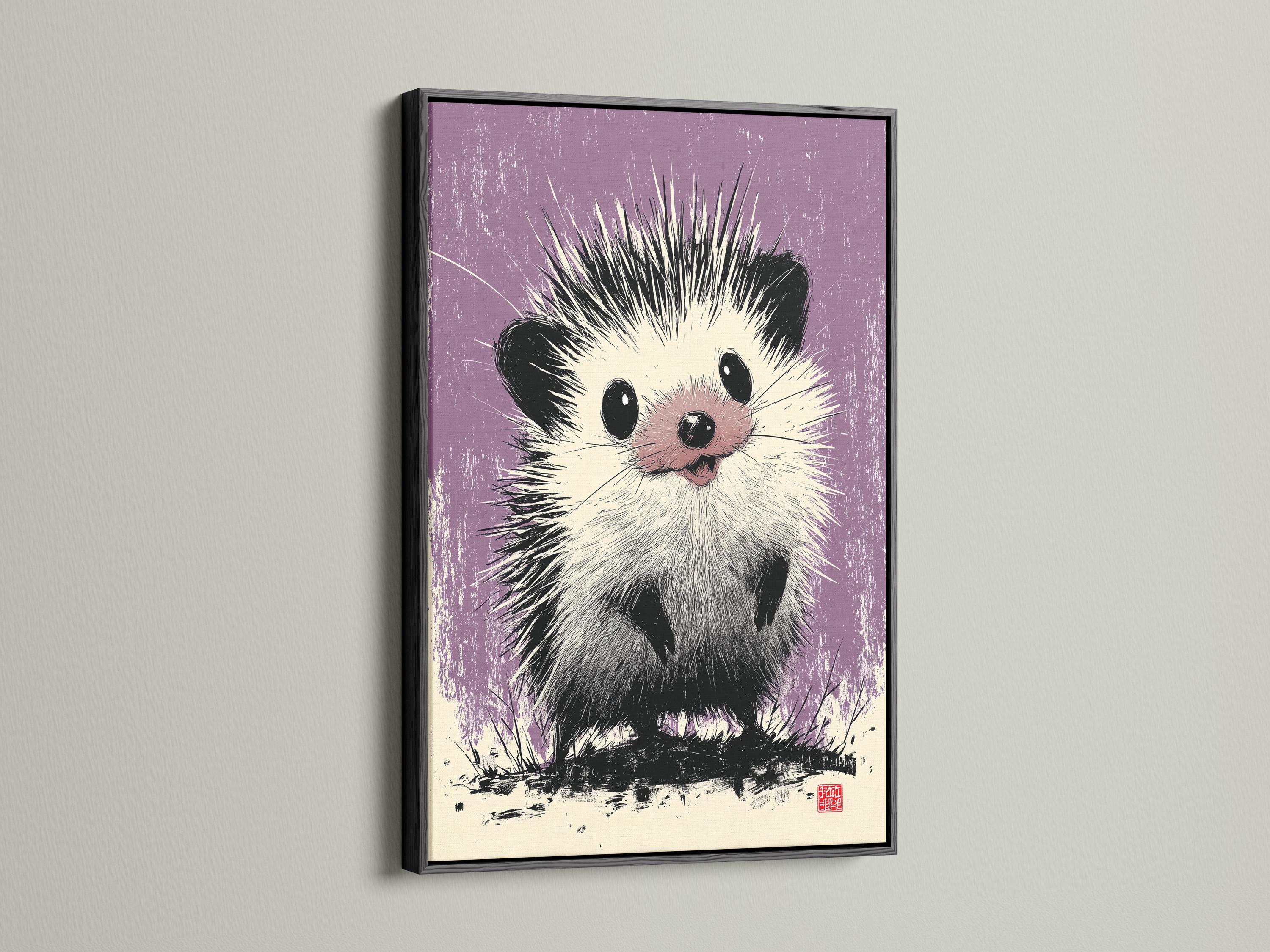 Hedgehog illustration in black and white on a textured lilac-purple background detail view