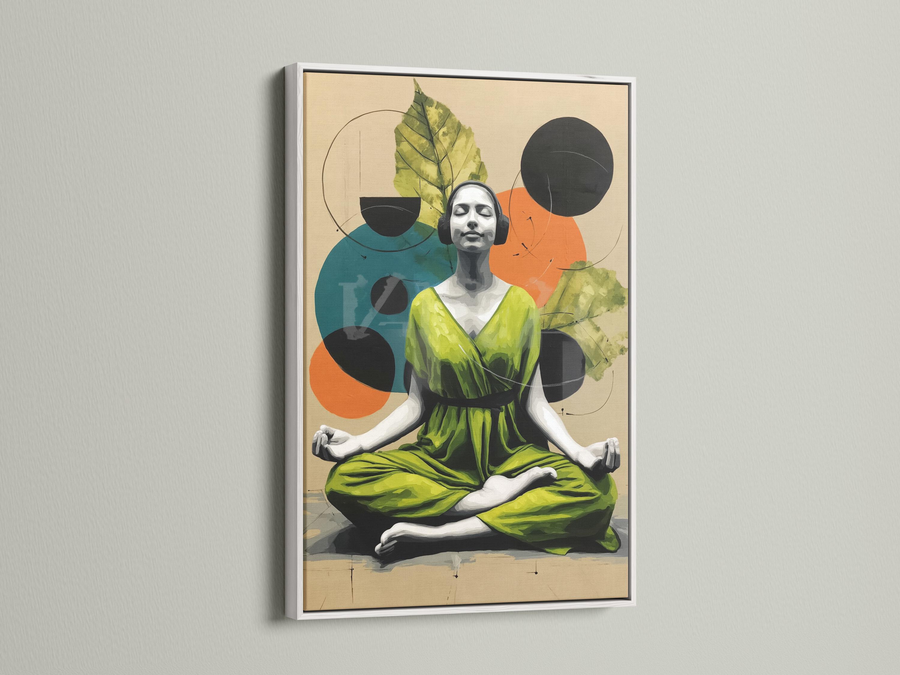 Seated woman in a yoga pose with botanical leaves and overlapping circles in lime green and orange detail view