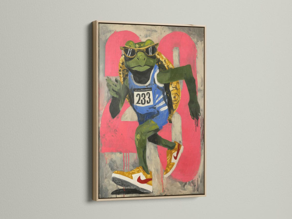 Hot pink graffiti-style runner turtle wearing black sunglasses and a “233” race bib detail view