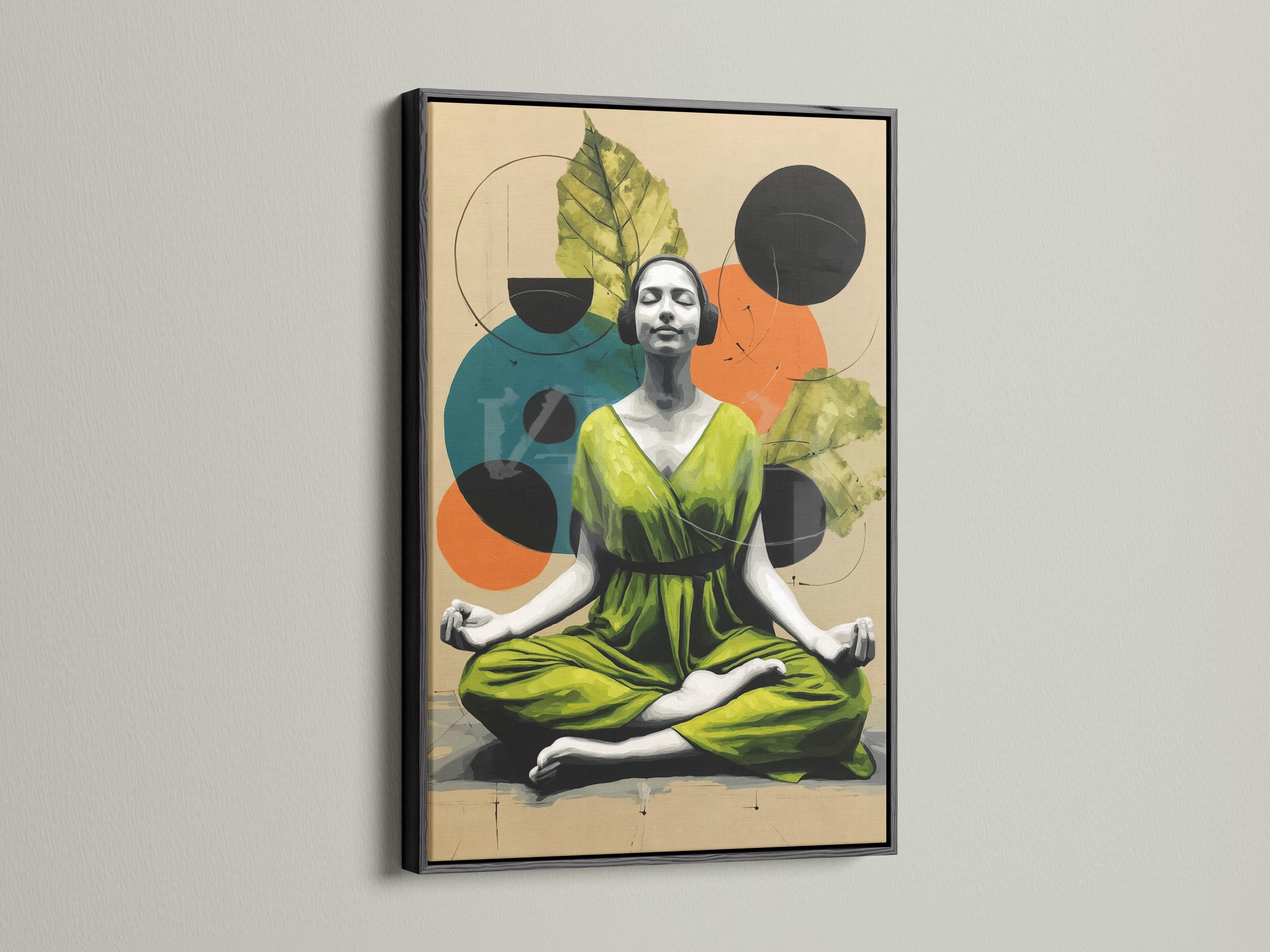 Seated woman in a yoga pose with botanical leaves and overlapping circles in lime green and orange detail view