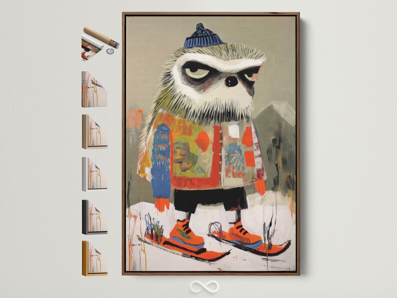 A stylised animal figure wearing a winter knit hat and skis is shown in a loose, painterly style with bright orange and blue accents