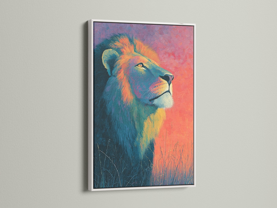 Room mockup showing a framed lion portrait in teal, coral and gold colours