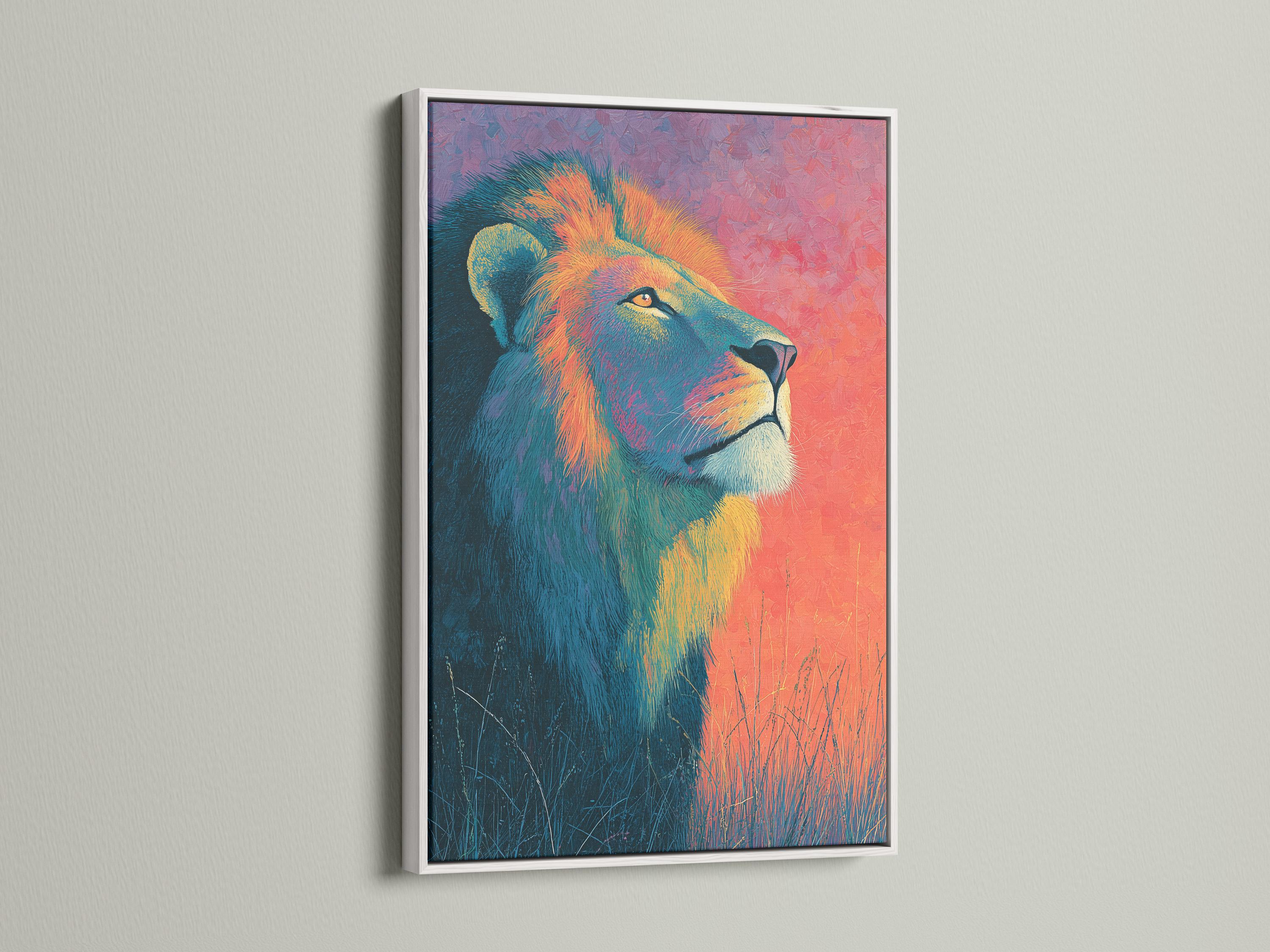 Room mockup showing a framed lion portrait in teal, coral and gold colours