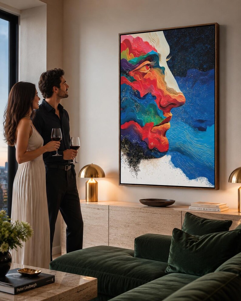 Abstract face in side profile with flowing red, blue and teal shapes and warm gold highlights on a dark starry background