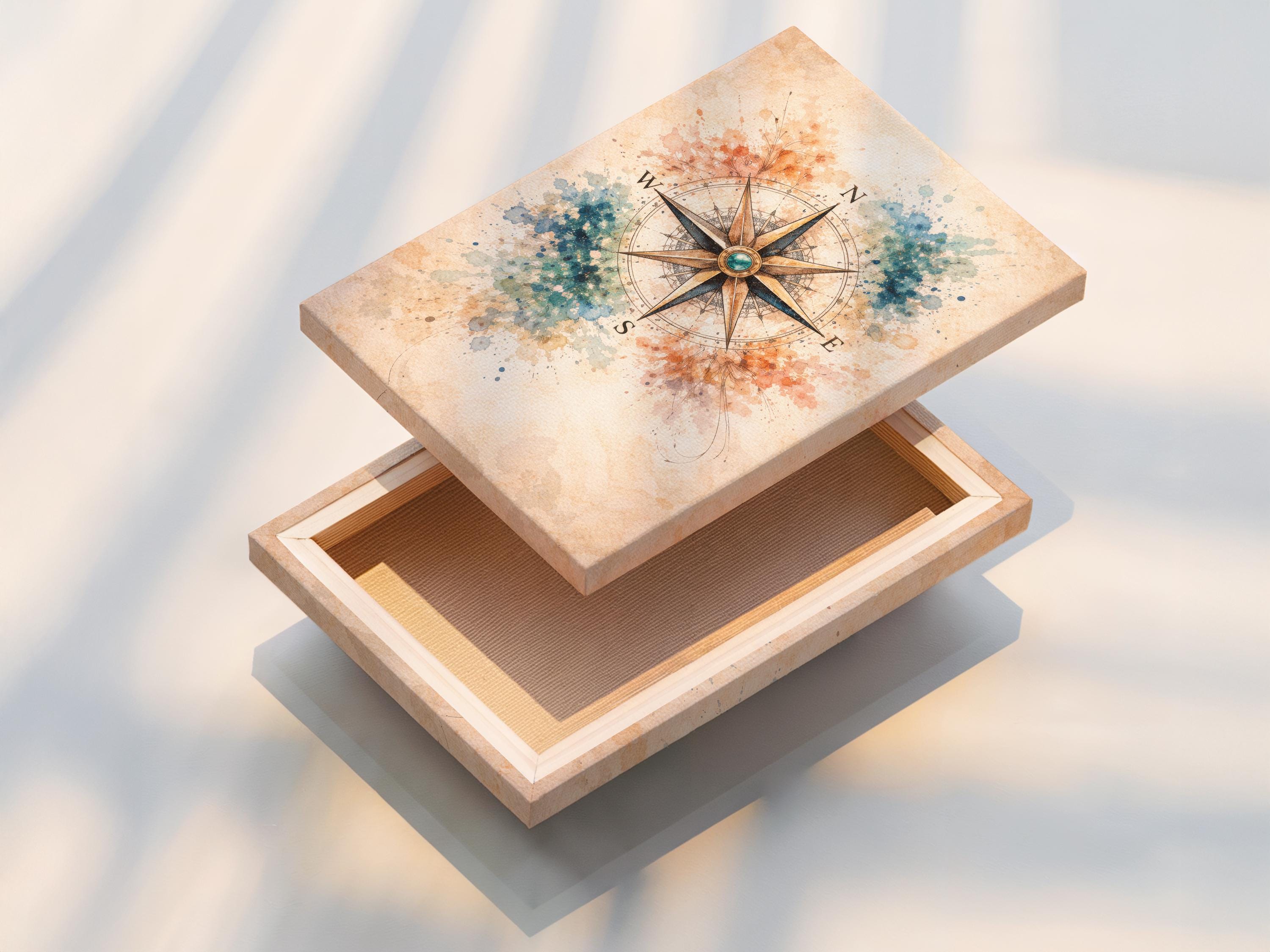 Compass rose with teal centre, directional tips and vintage map linework over cream background detail view