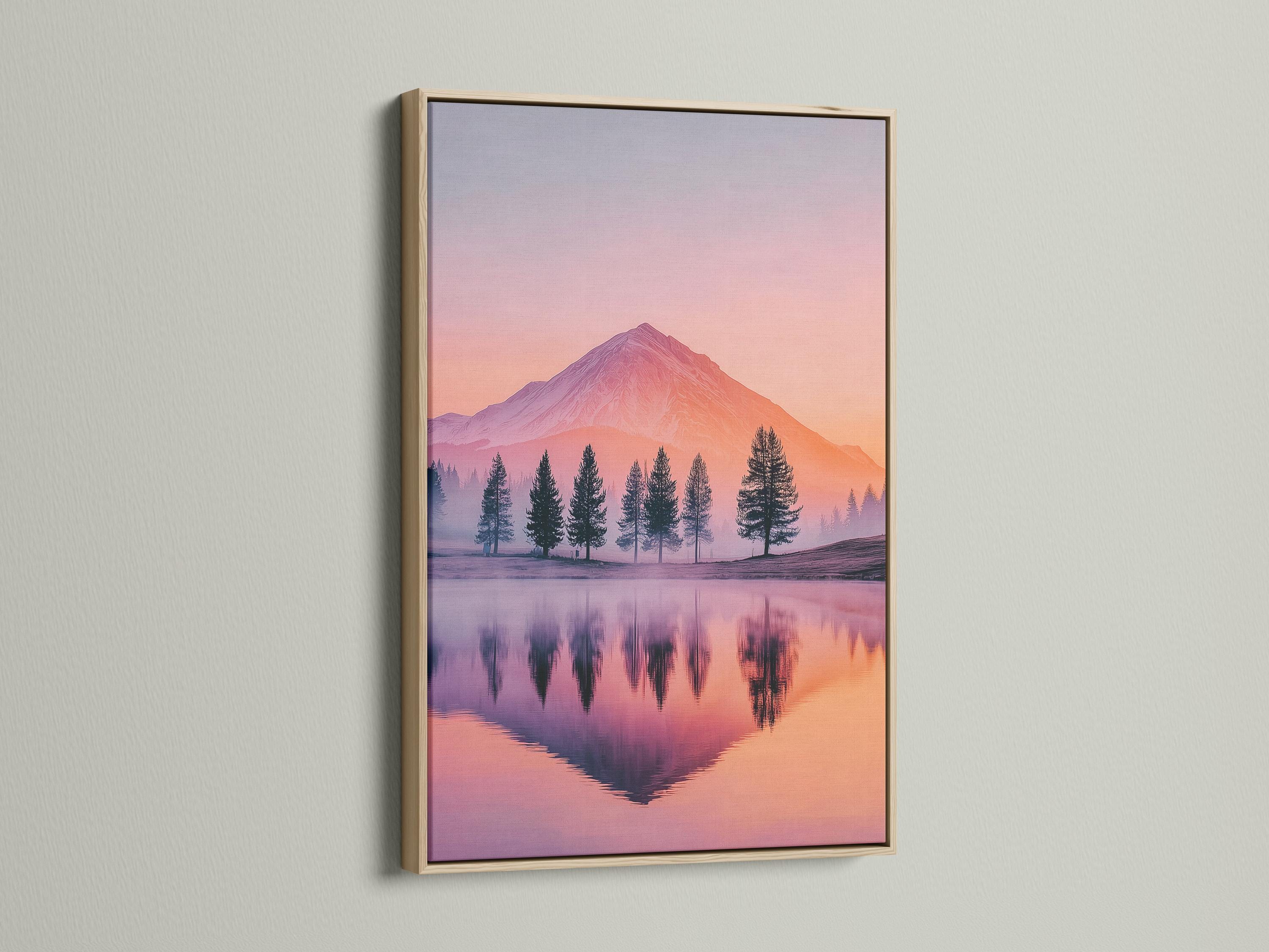 A pastel mountain landscape at sunset shows a pink-orange sky, a prominent mountain, silhouetted evergreen trees, and a calm mirrored lake reflection