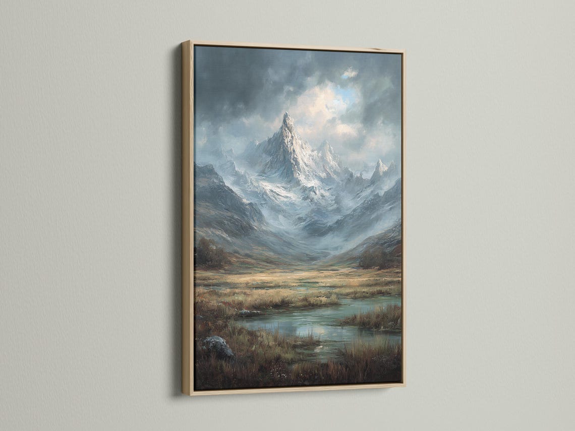 Room mockup showing a framed mountain landscape artwork on a wall