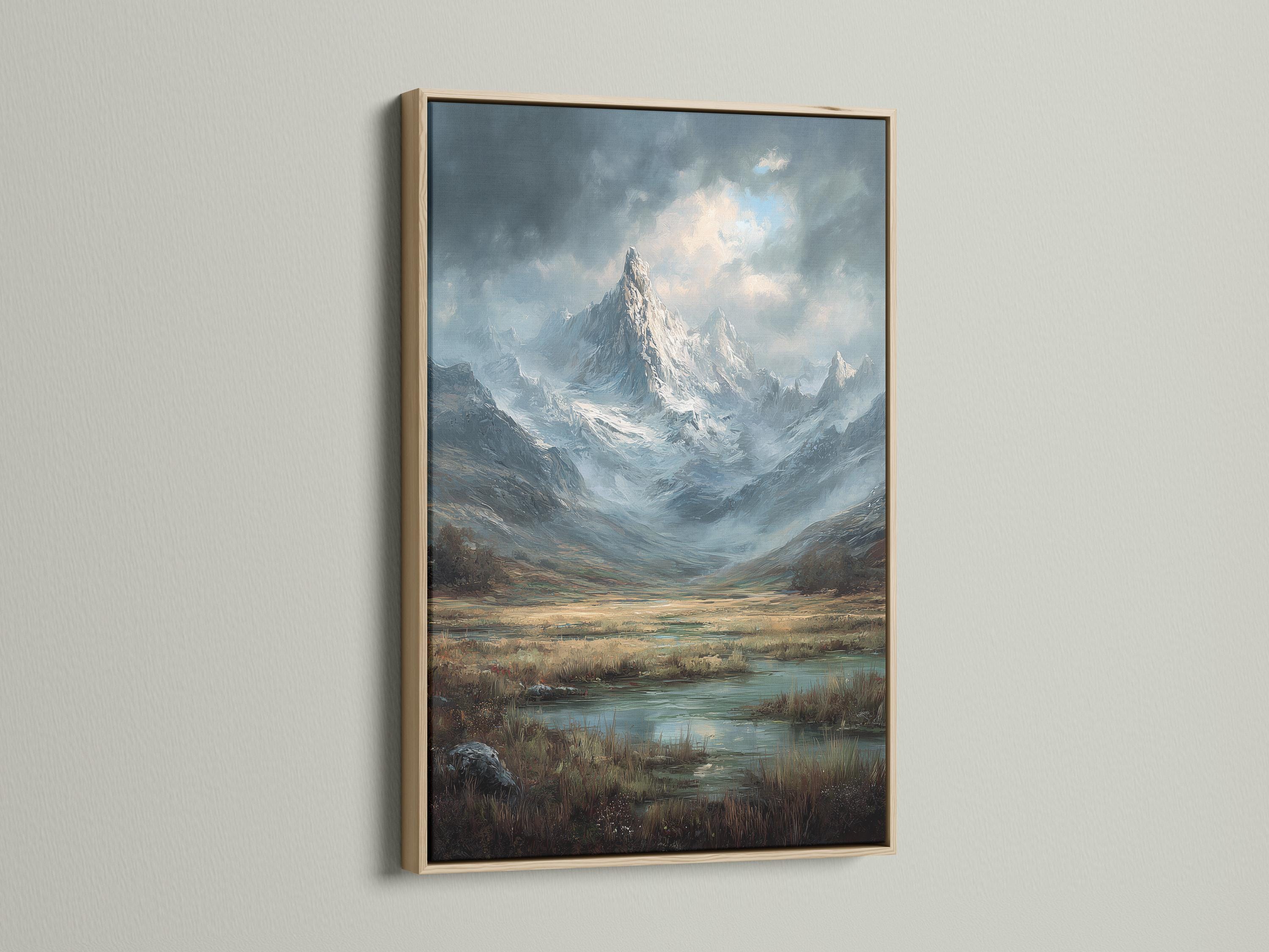 Room mockup showing a framed mountain landscape artwork on a wall