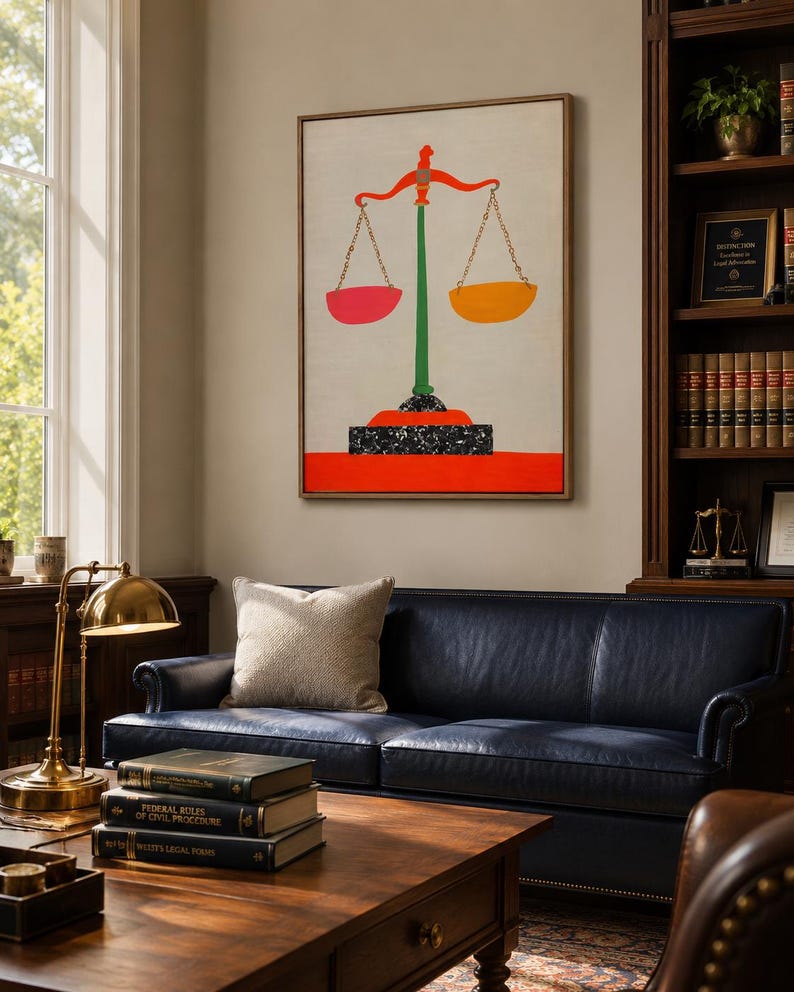 A stylised balance scale icon with a green stand and red and orange pans sits centrally on a pale background, framed by a thin border