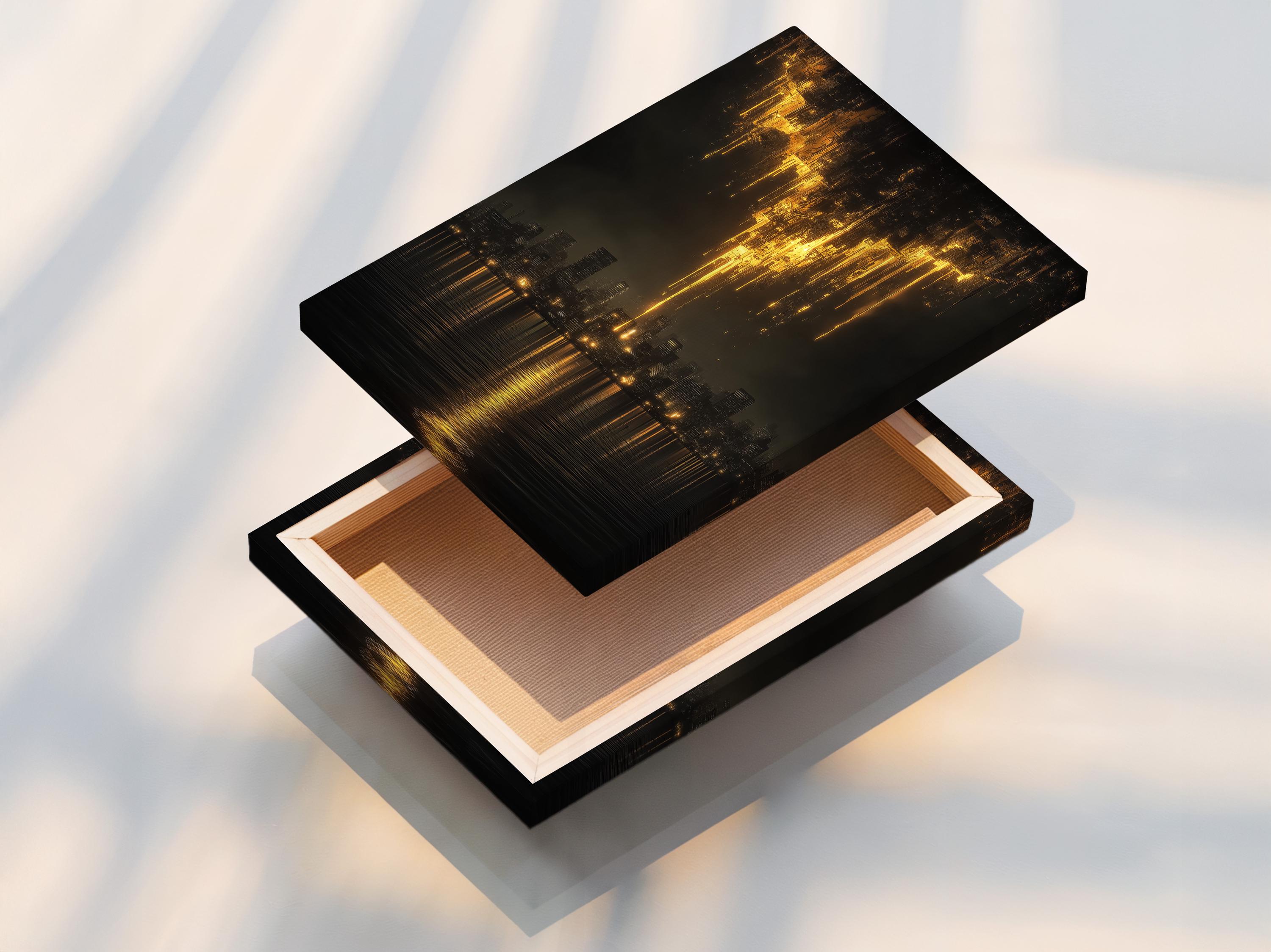 Abstract black and gold night cityscape with golden light streaks and water reflections detail view