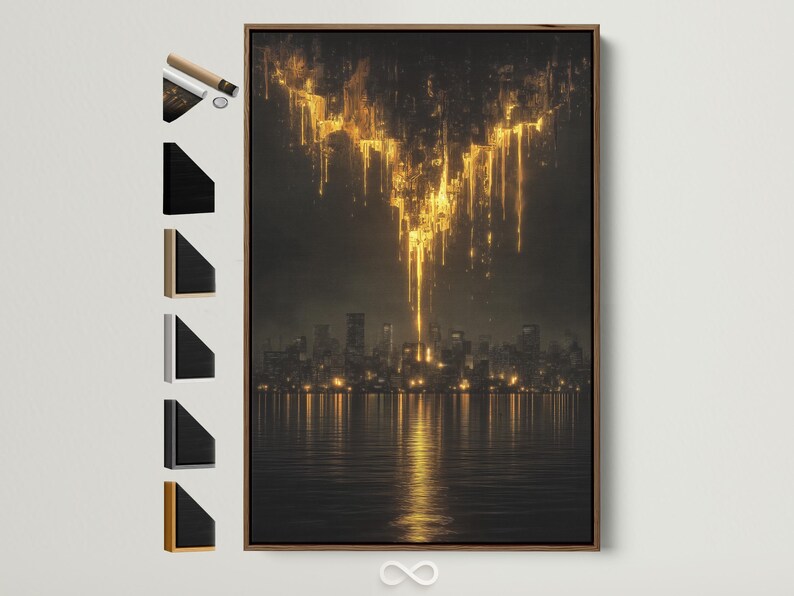 Abstract black and gold night cityscape with golden light streaks and water reflections
