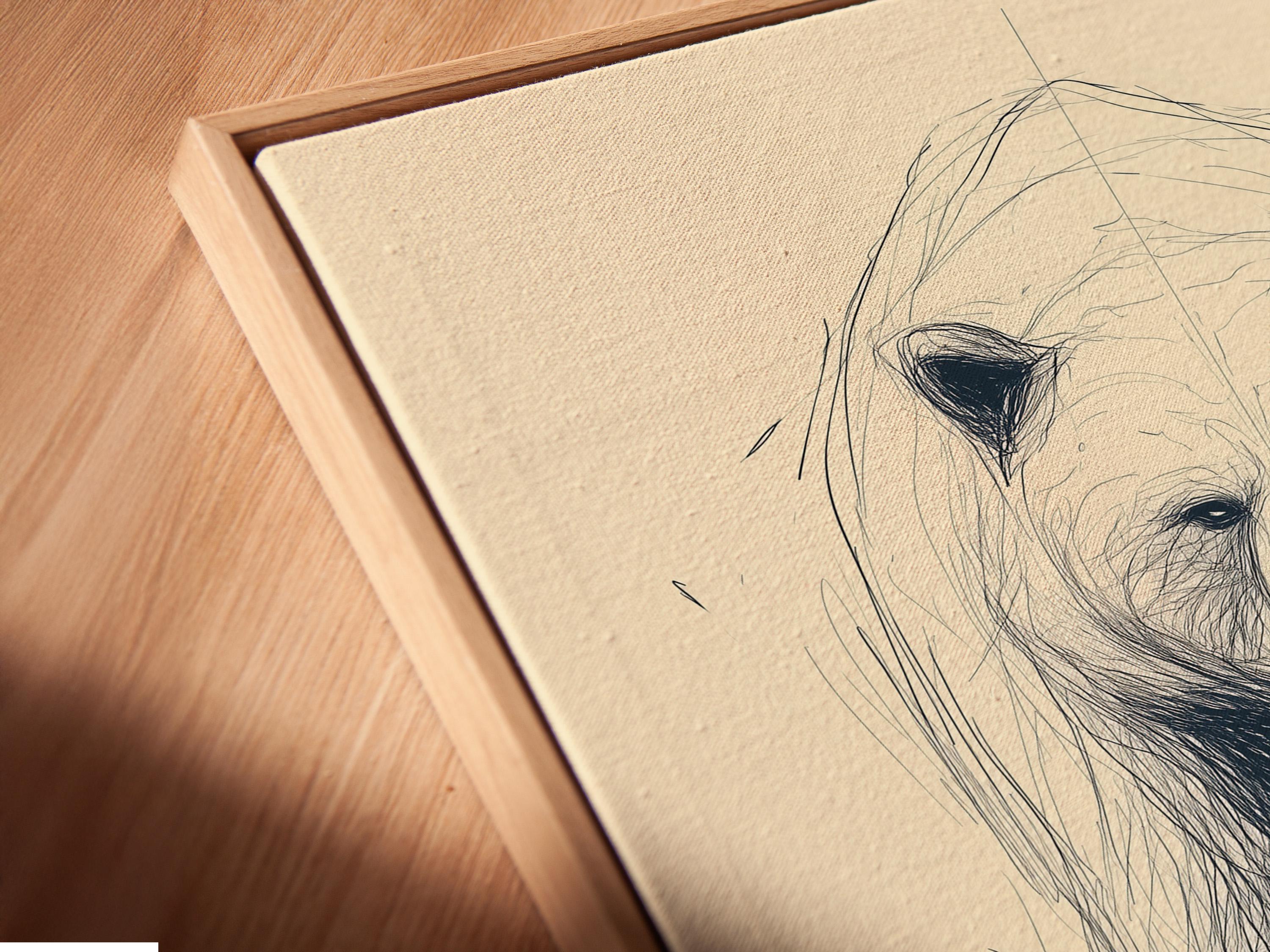 Minimalist sketch of a bear face and upper body with blue-grey lines on a cream background detail view