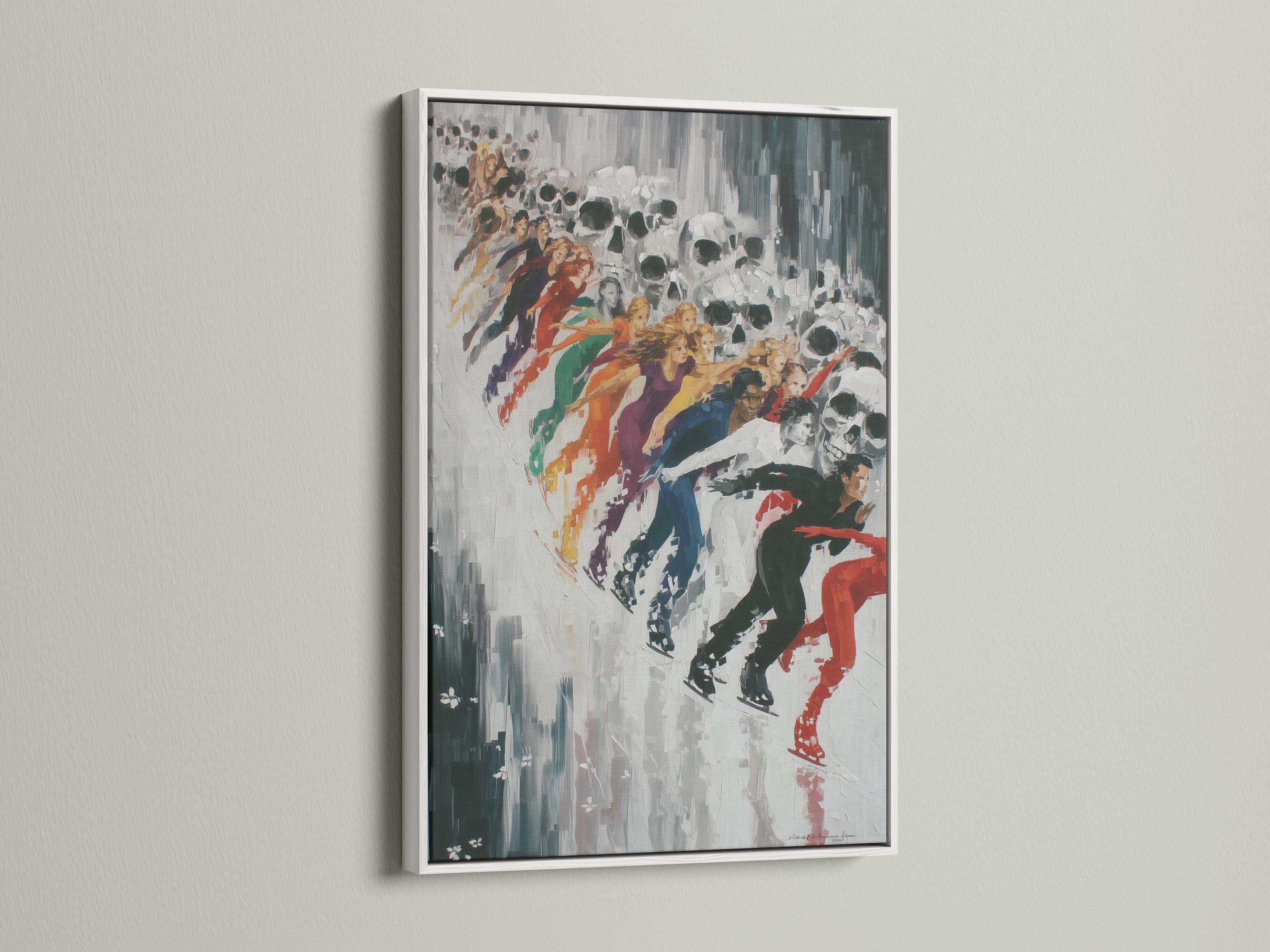 Skull skaters artwork displayed in a framed wall mockup with open background elements