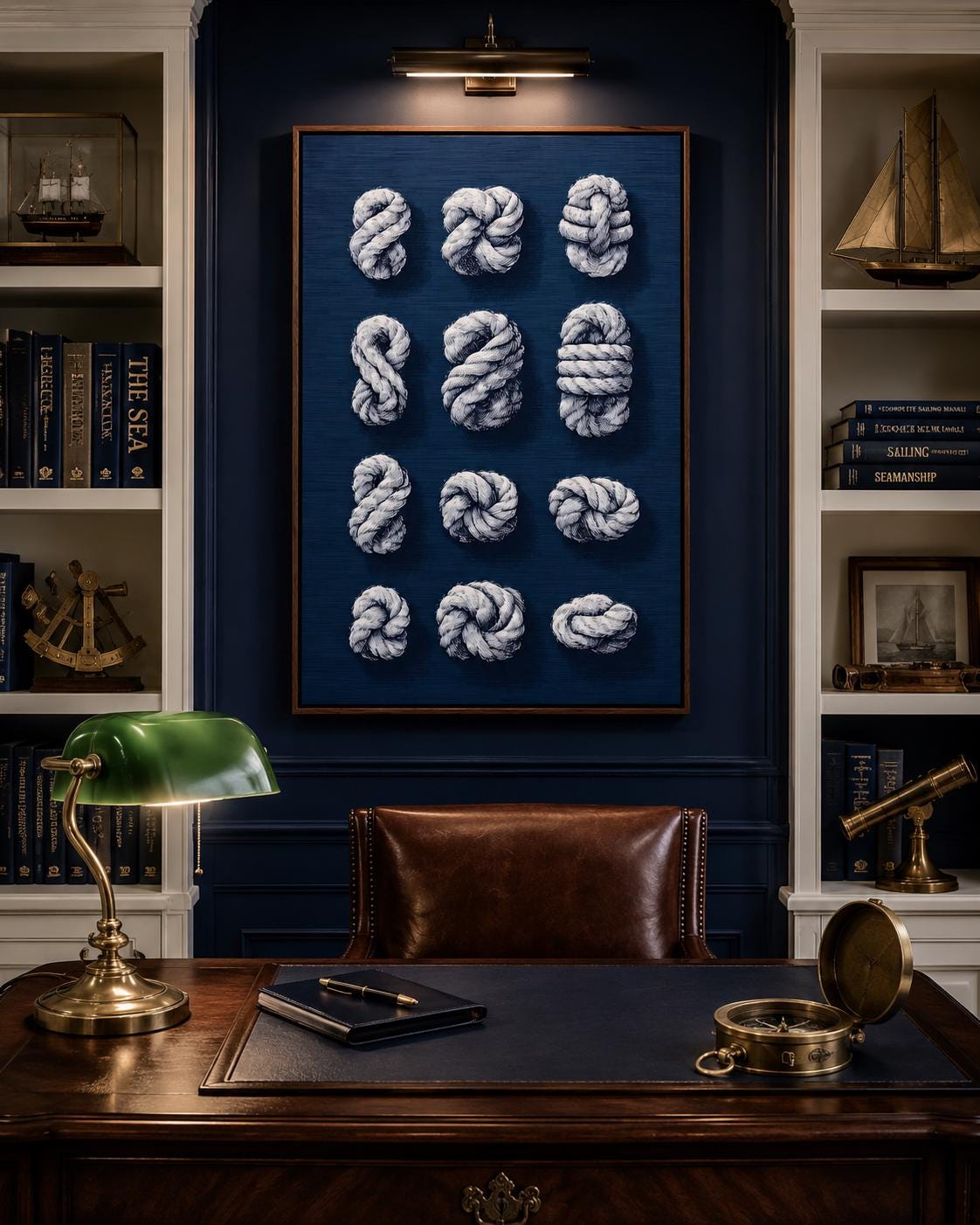 Nine white rope knots arranged on a navy blue background detail view