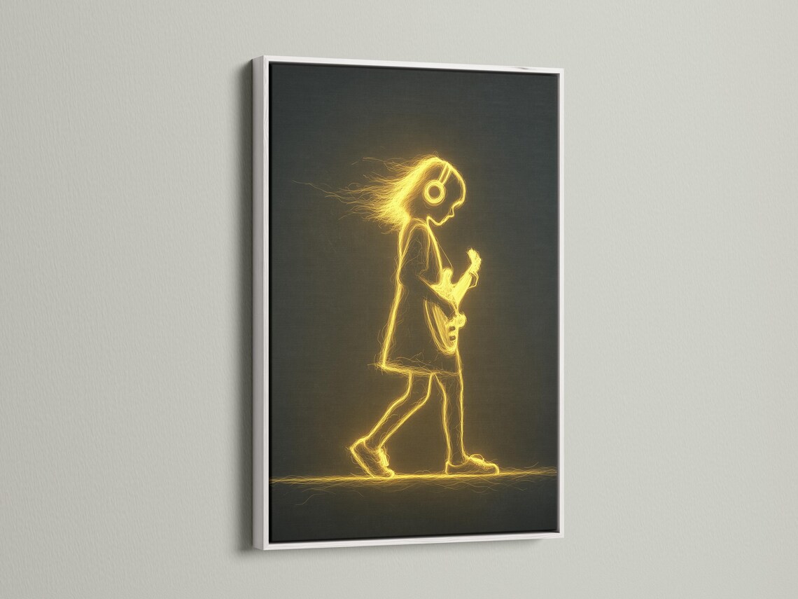 Neon gold outline guitar player with a glowing halo and electric guitar on a dark background detail view