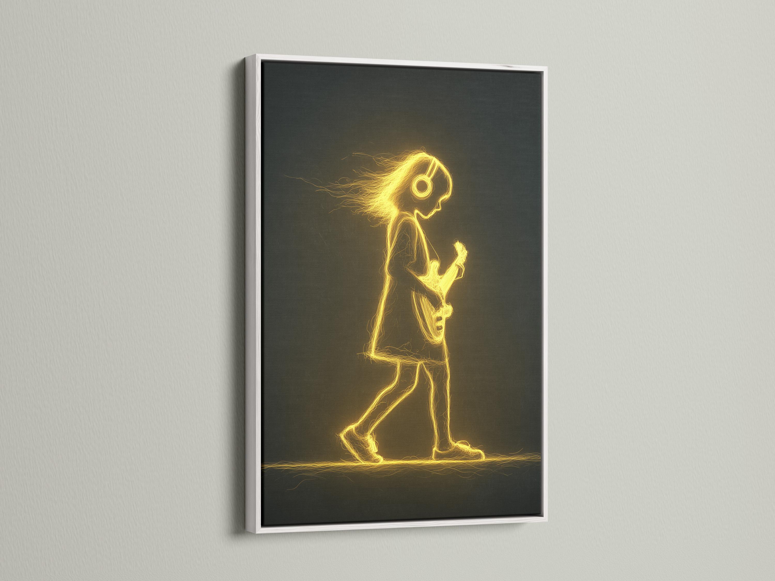 Neon gold outline guitar player with a glowing halo and electric guitar on a dark background detail view