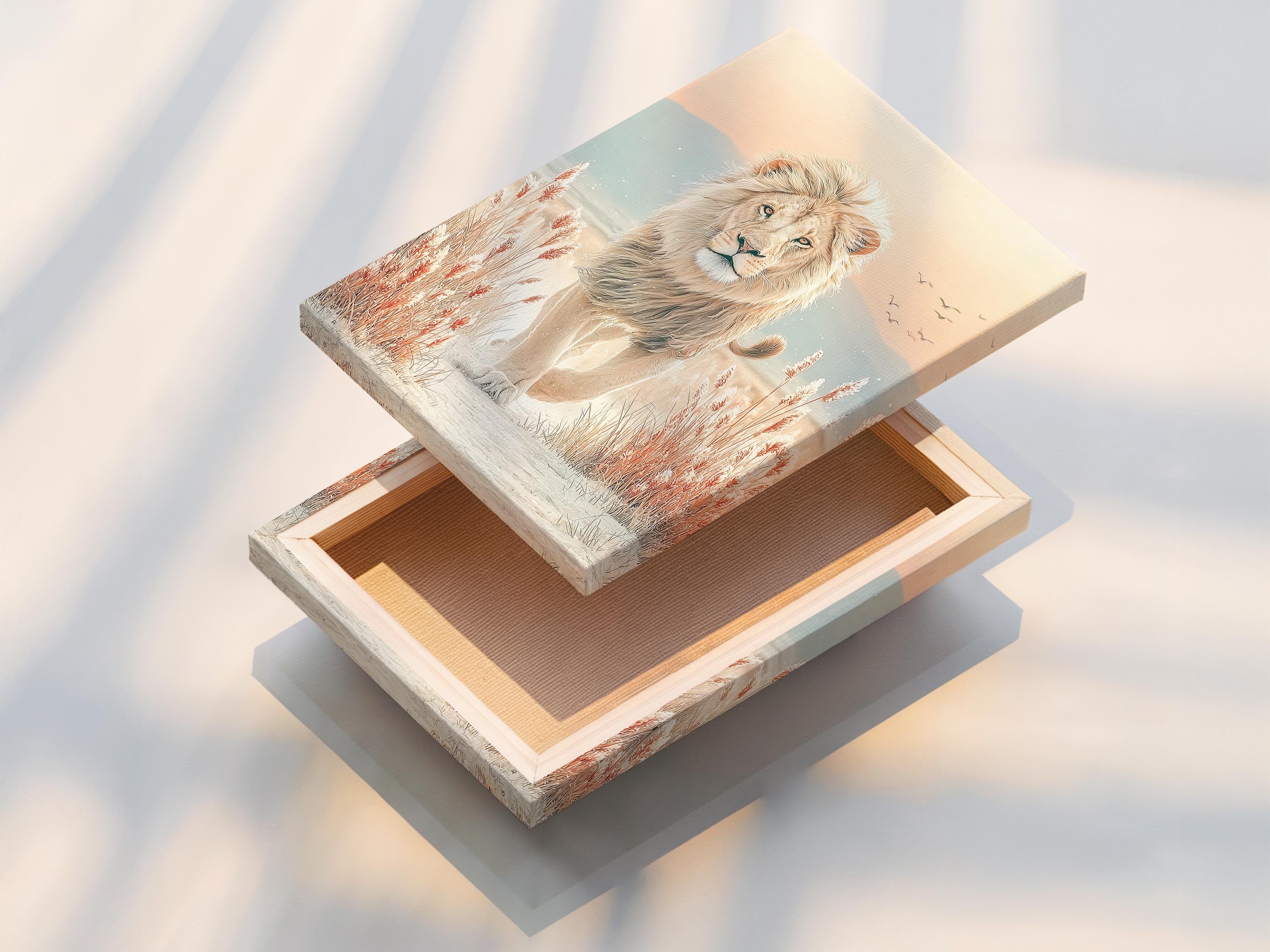 Neutral lion standing in a soft savannah scene with reeds, hills and small birds detail view