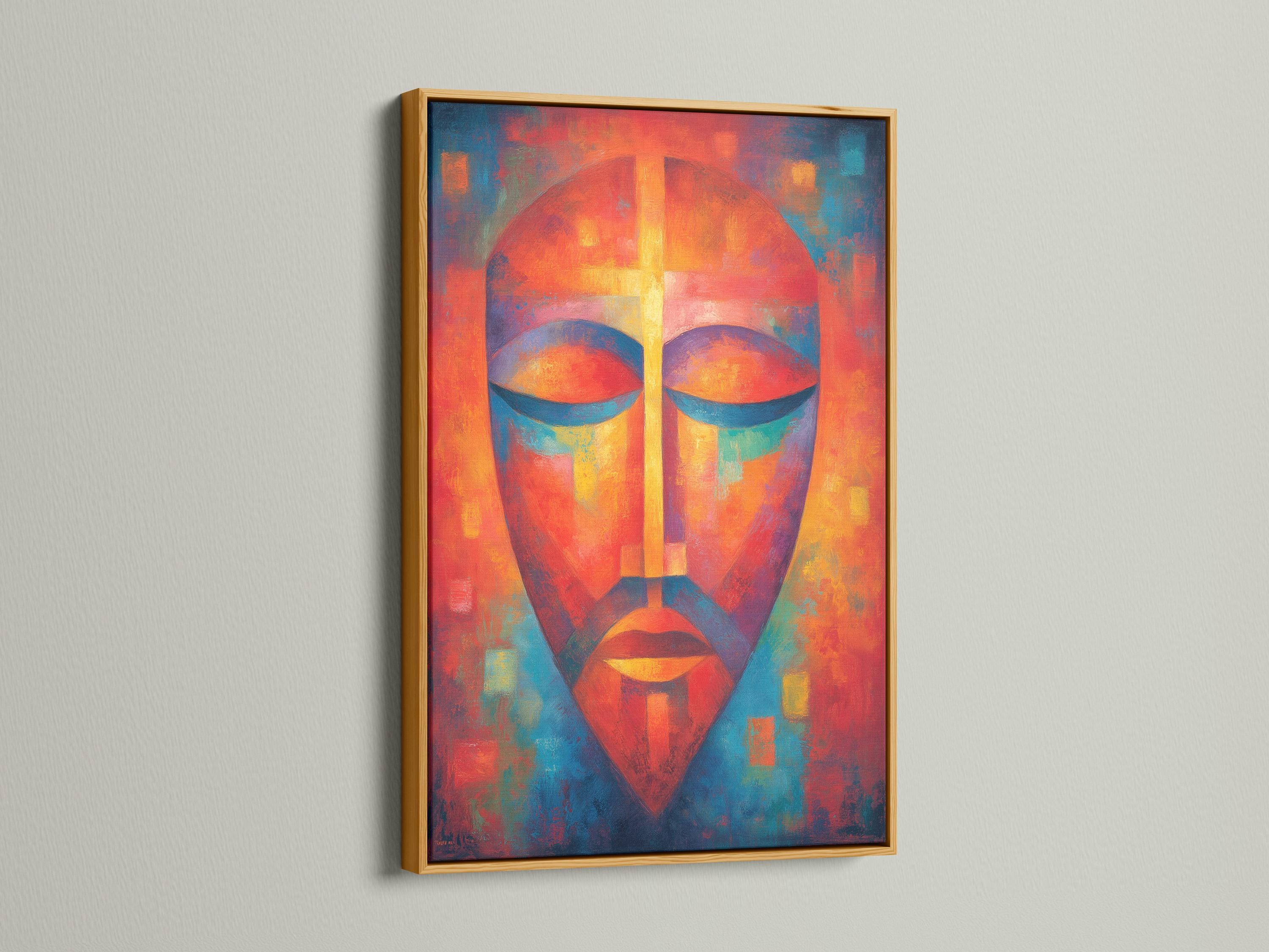 Abstract face portrait with vivid orange, teal and blue geometric shapes and a central vertical highlight detail view