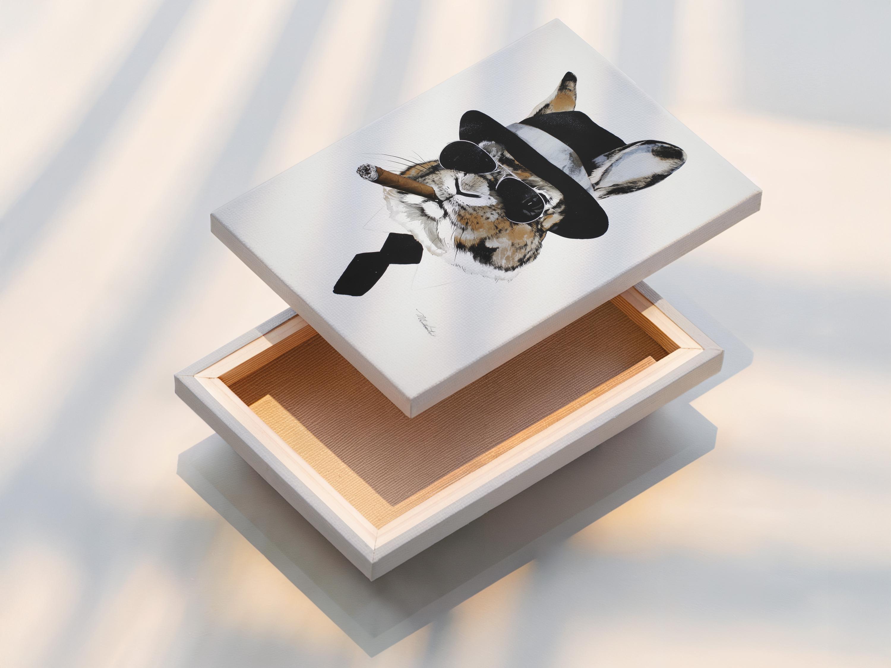 Illustrated rabbit wearing a black top hat, round sunglasses and bow tie on a light background detail view