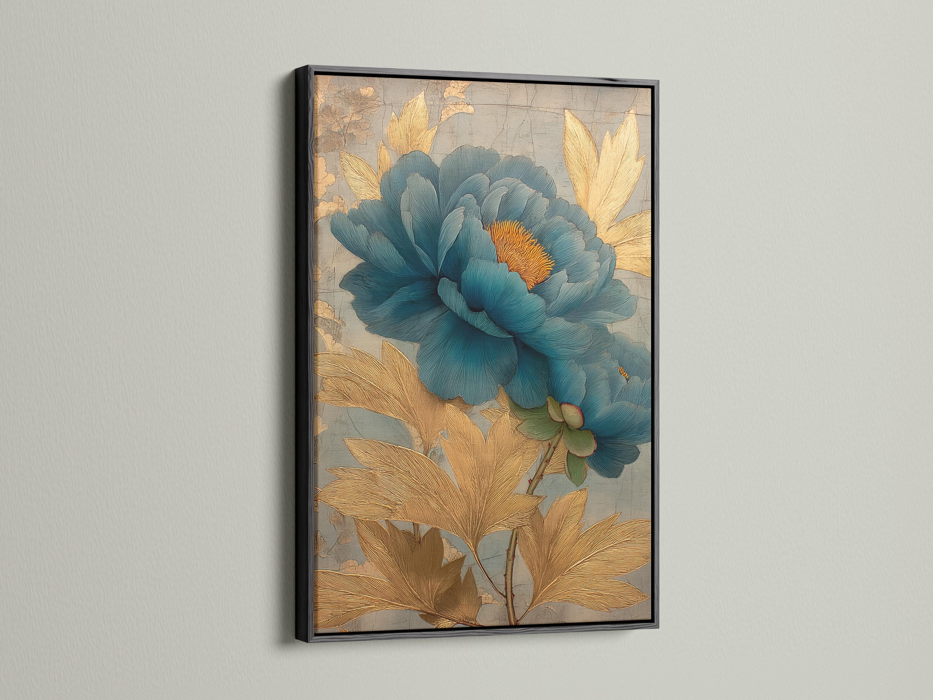 Teal peony flower with gold-brown leaves over a light grey map-like background detail view