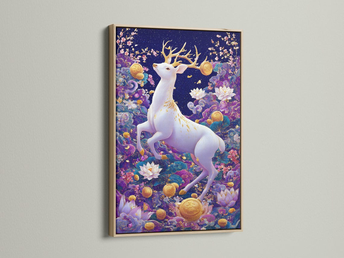 White deer with branching antlers in a navy and purple fantasy scene with lotus flowers and gold coins detail view