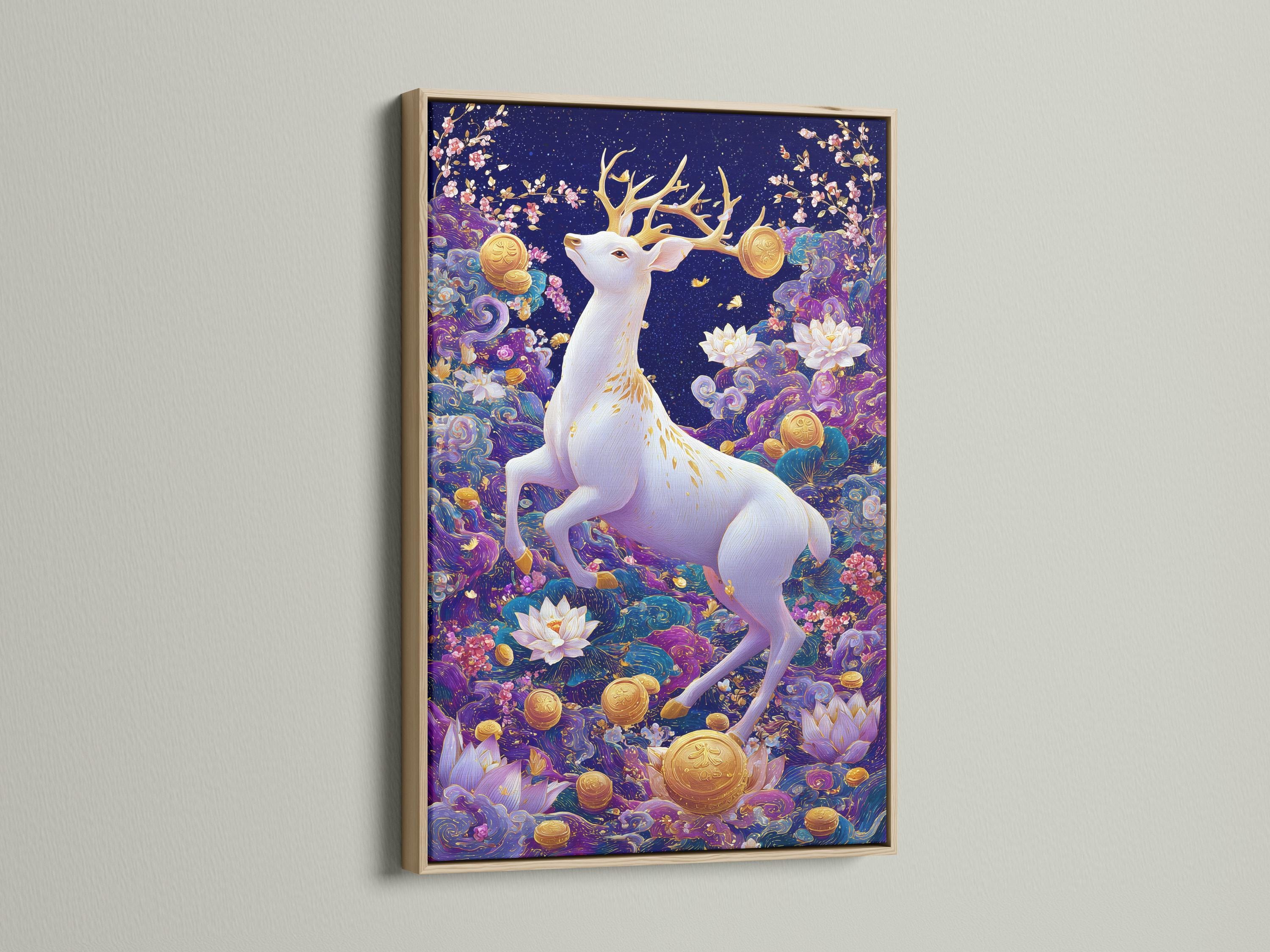 White deer with branching antlers in a navy and purple fantasy scene with lotus flowers and gold coins detail view