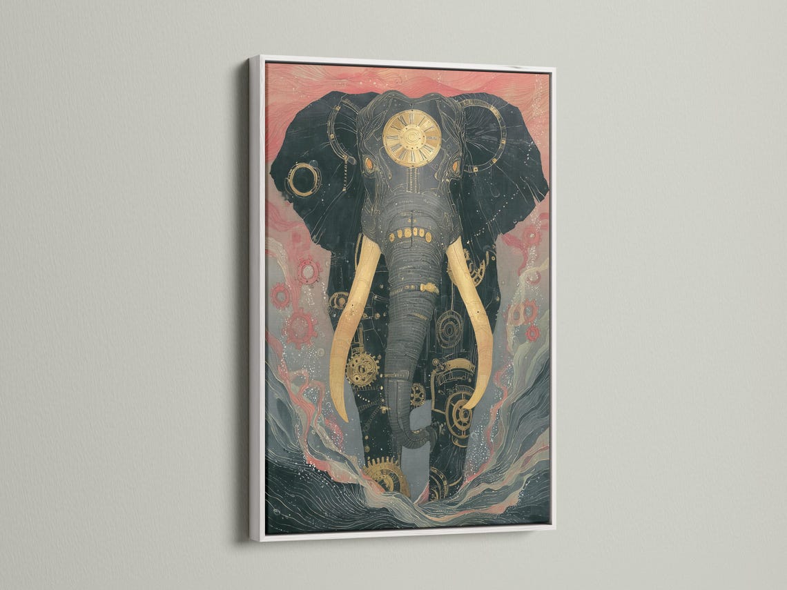 Mechanical elephant illustration with gear and clockwork details in teal, muted pink and gold detail view