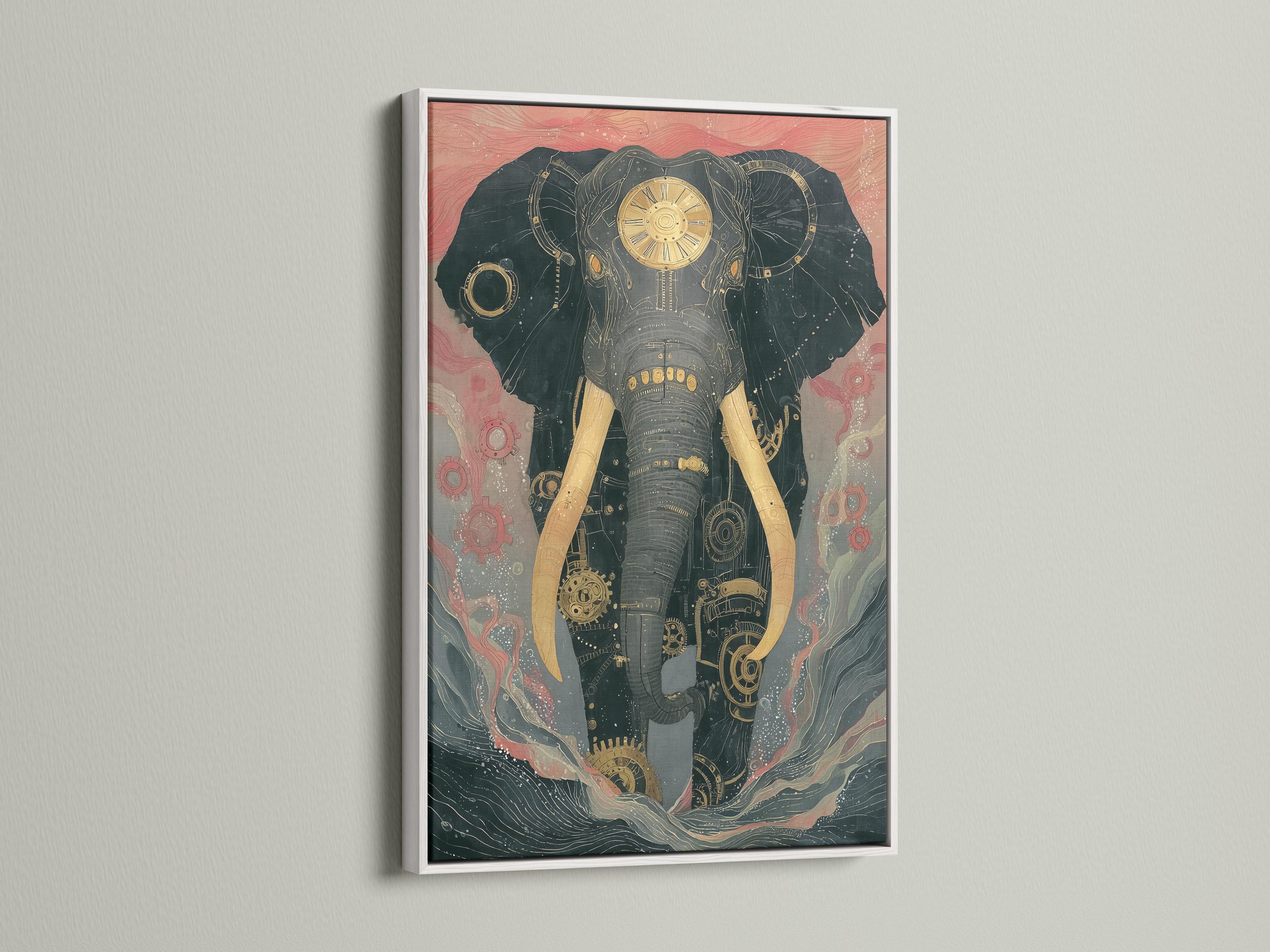 Mechanical elephant illustration with gear and clockwork details in teal, muted pink and gold detail view