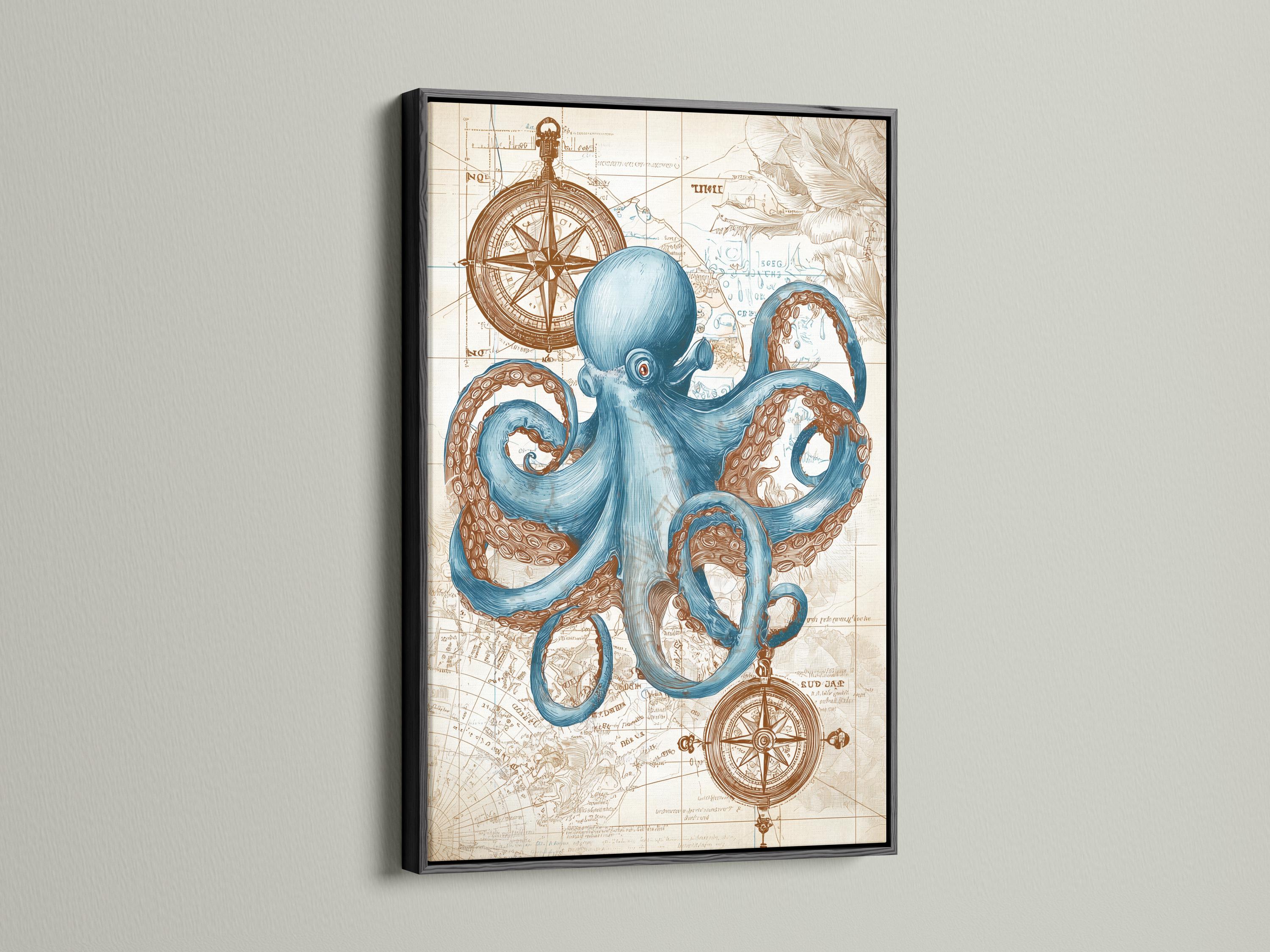 Blue octopus with curled tentacles over an antique map with compass rose motifs detail view