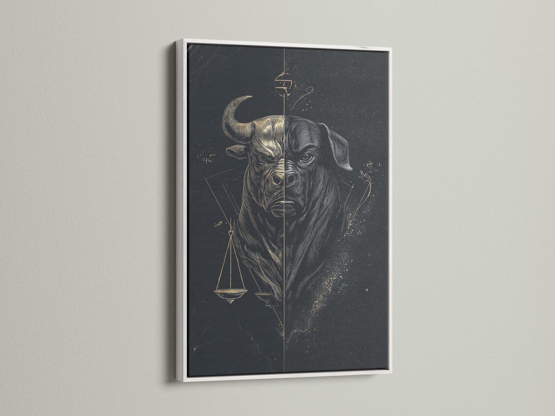 Split monochrome bull and dog portrait with gold scales of justice on a dark background detail view