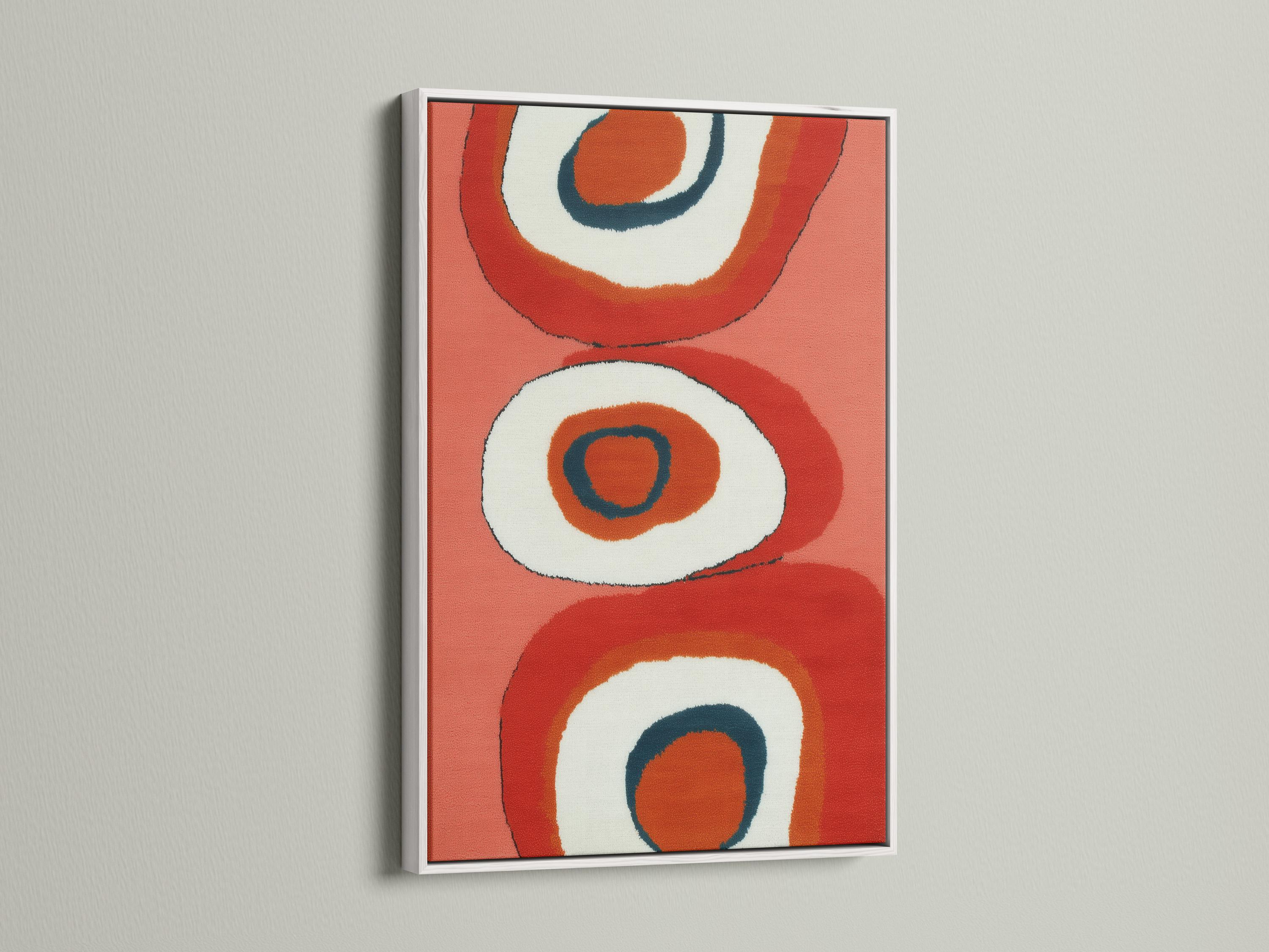 Coral and navy abstract artwork with retro ring shapes and off-white circular centres detail view