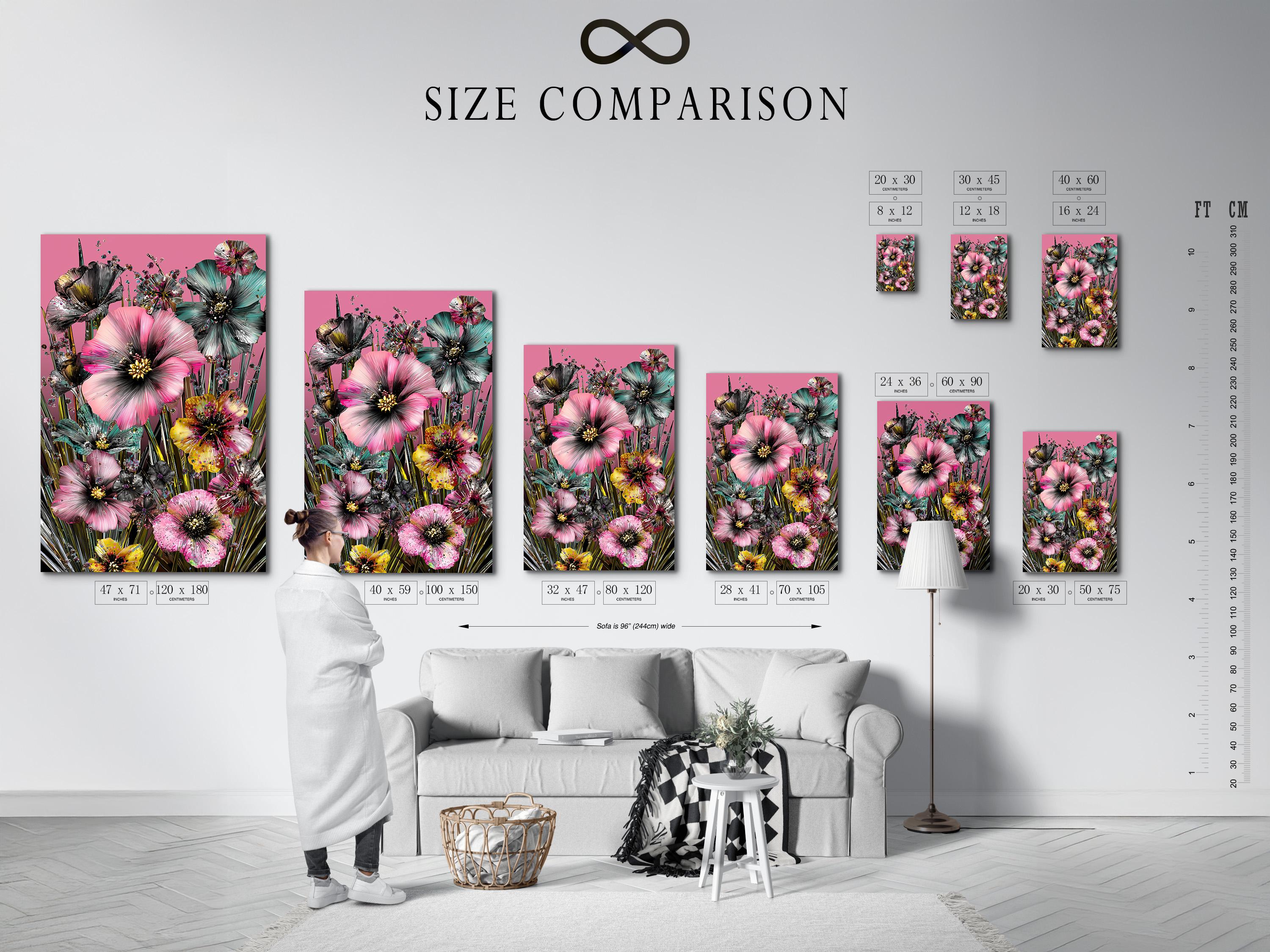 Portrait floral artwork with large pink blossoms, teal accents, dark centres and green stems on a pink background detail view