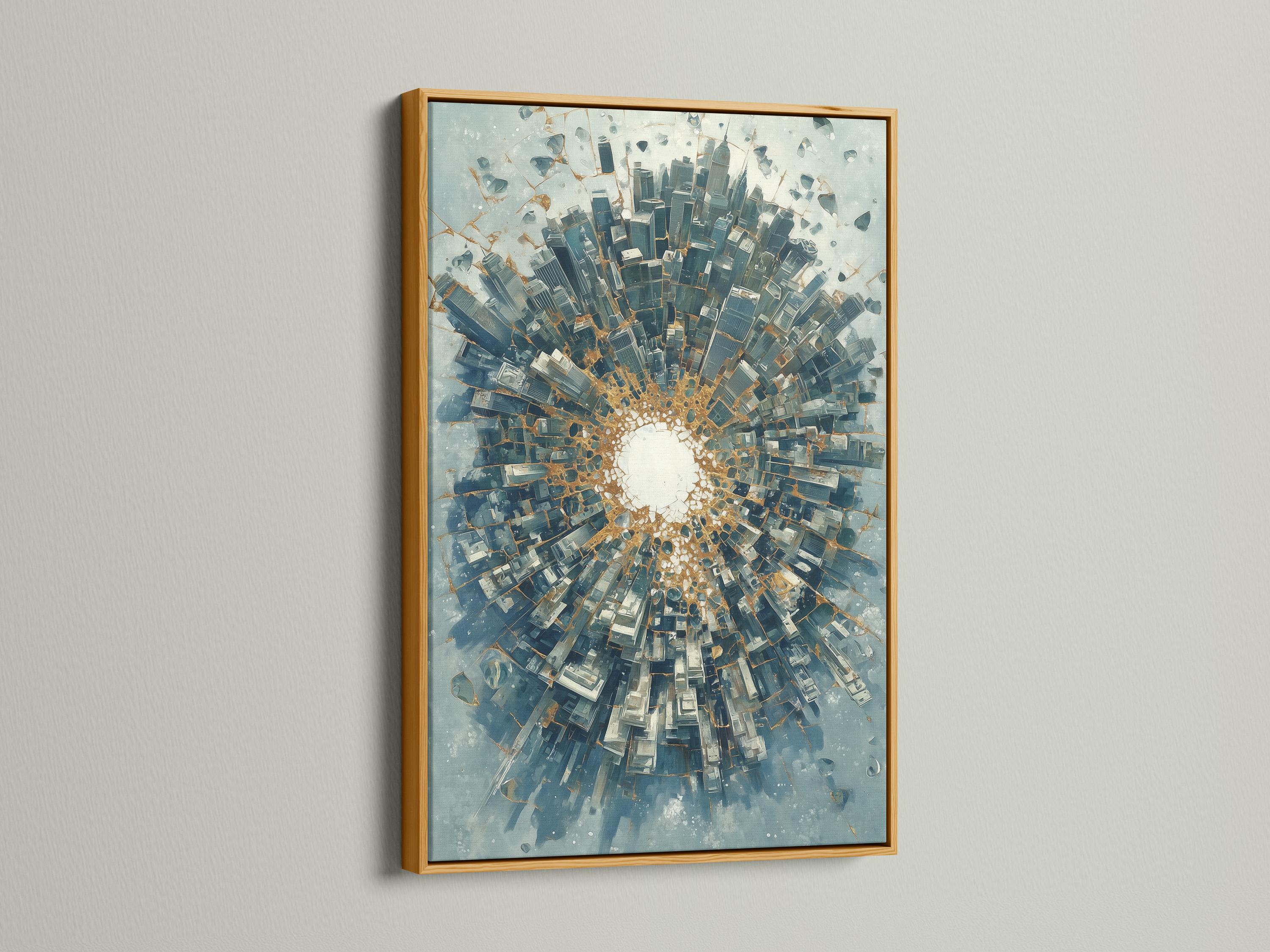 Abstract city tunnel artwork with radiating blue-grey buildings and warm gold accents detail view