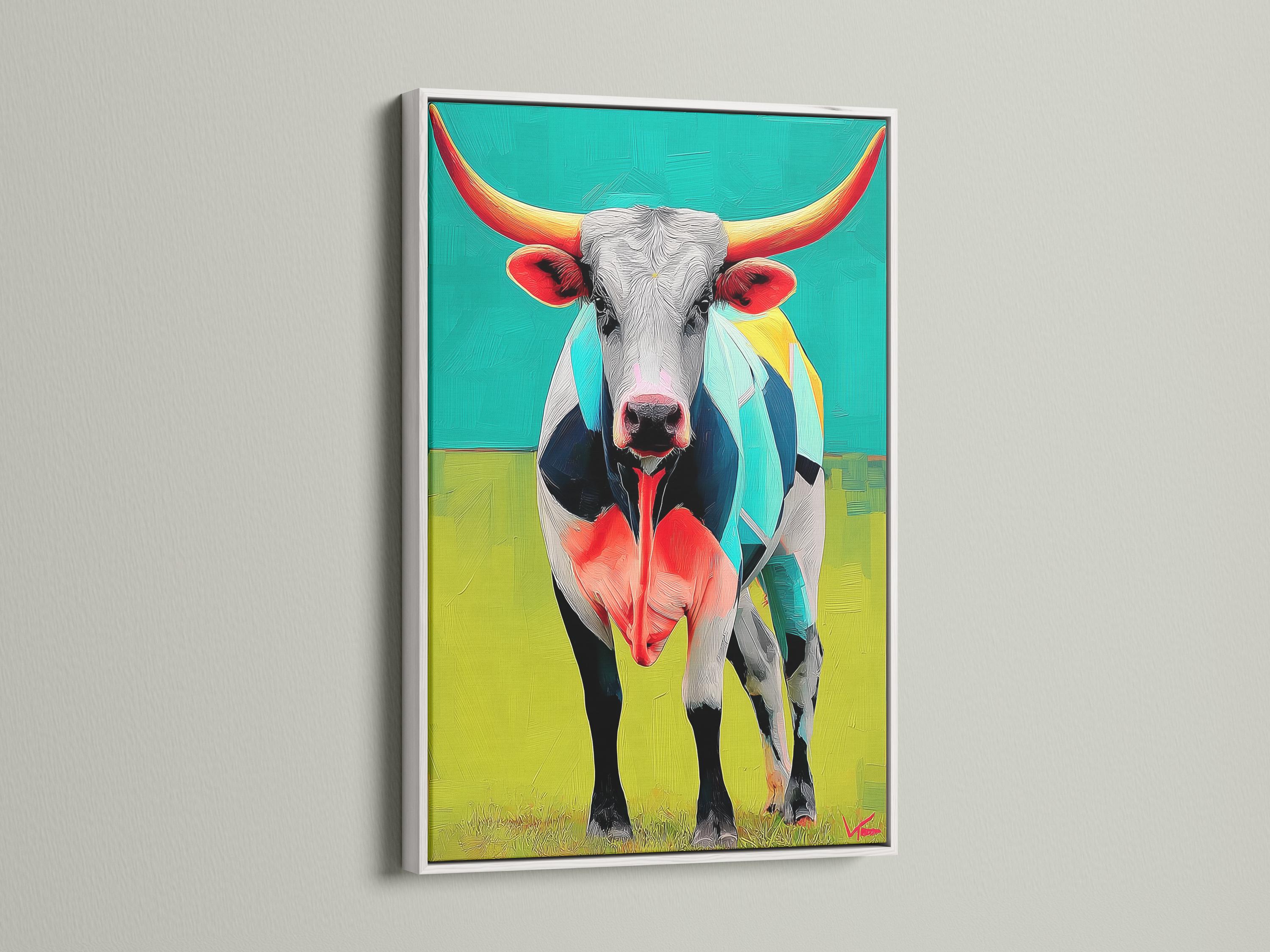Room mockup with a framed longhorn steer artwork on a wall above a green upholstered sofa and dining table