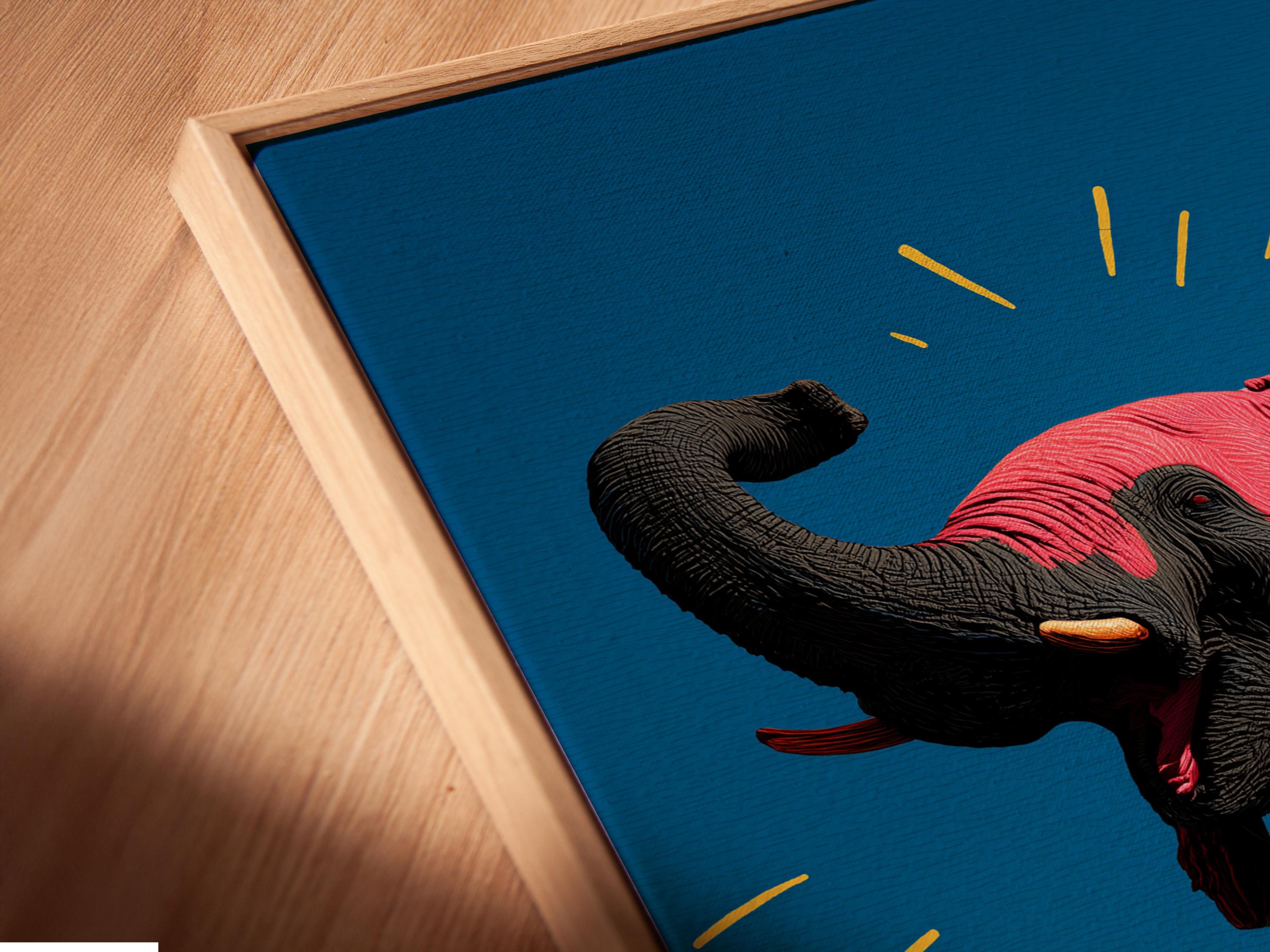 Elephant artwork in a framed mockup on a light background