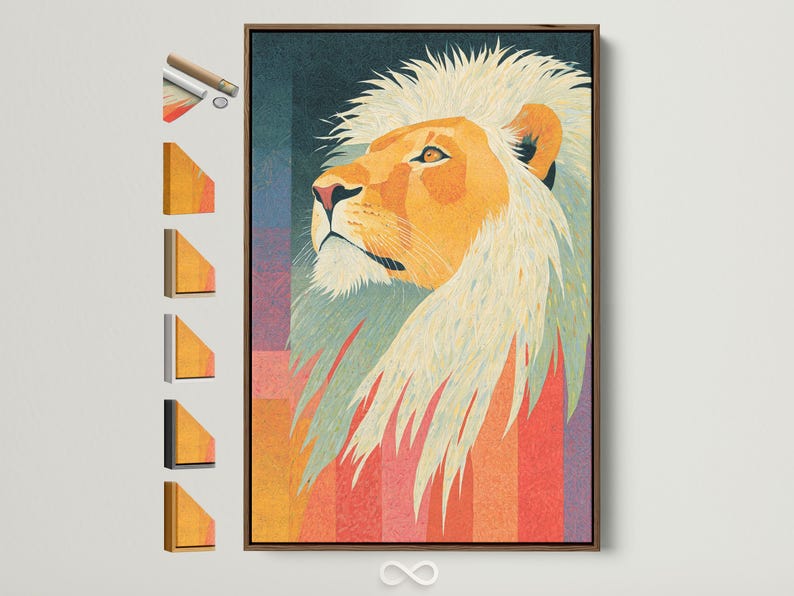 A lion portrait is shown in bright golden ochres with pale cream mane, set against a teal and sunset-coloured geometric background