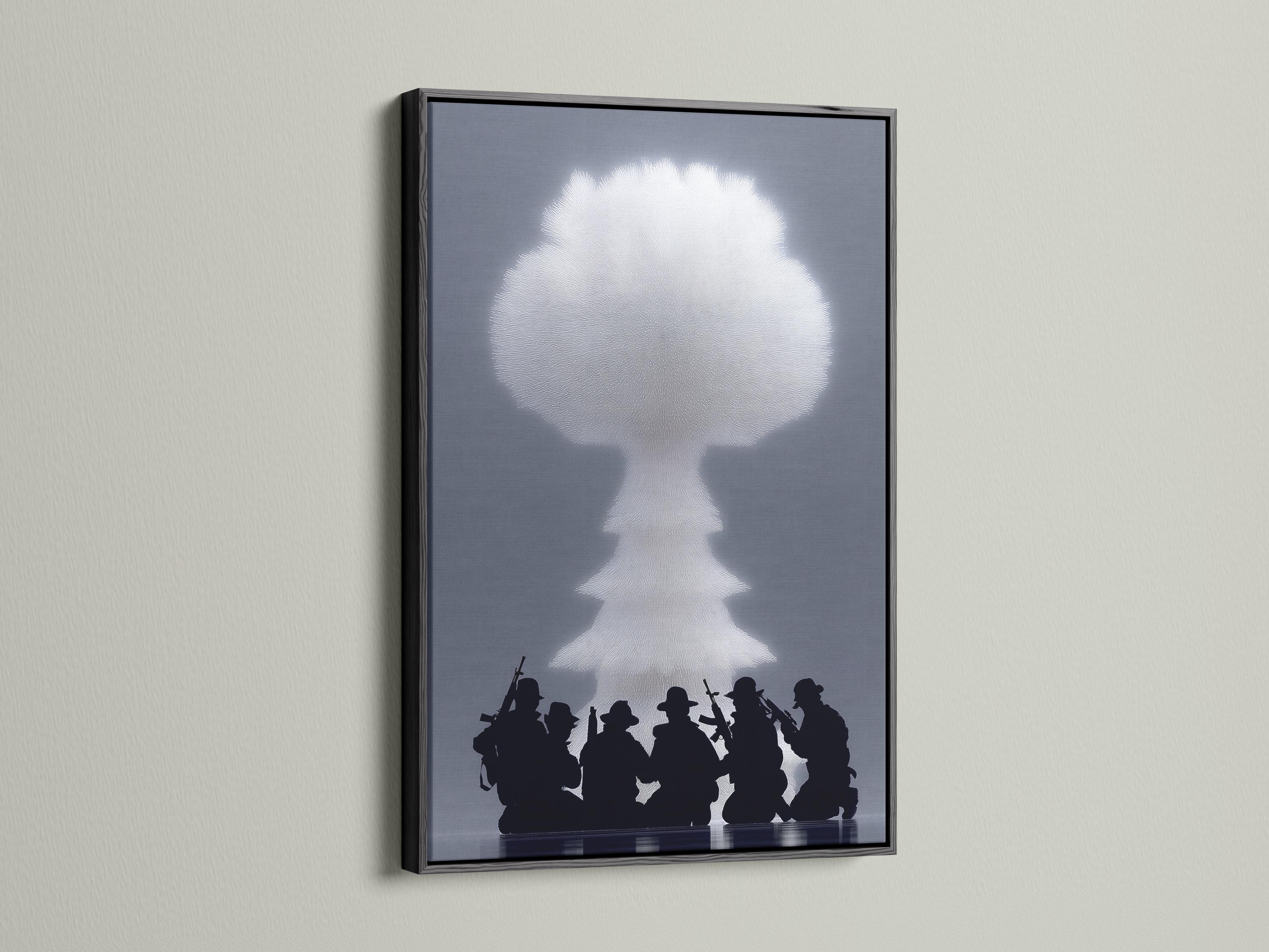 White soldier silhouette with radiating texture above dark marching soldier silhouettes detail view