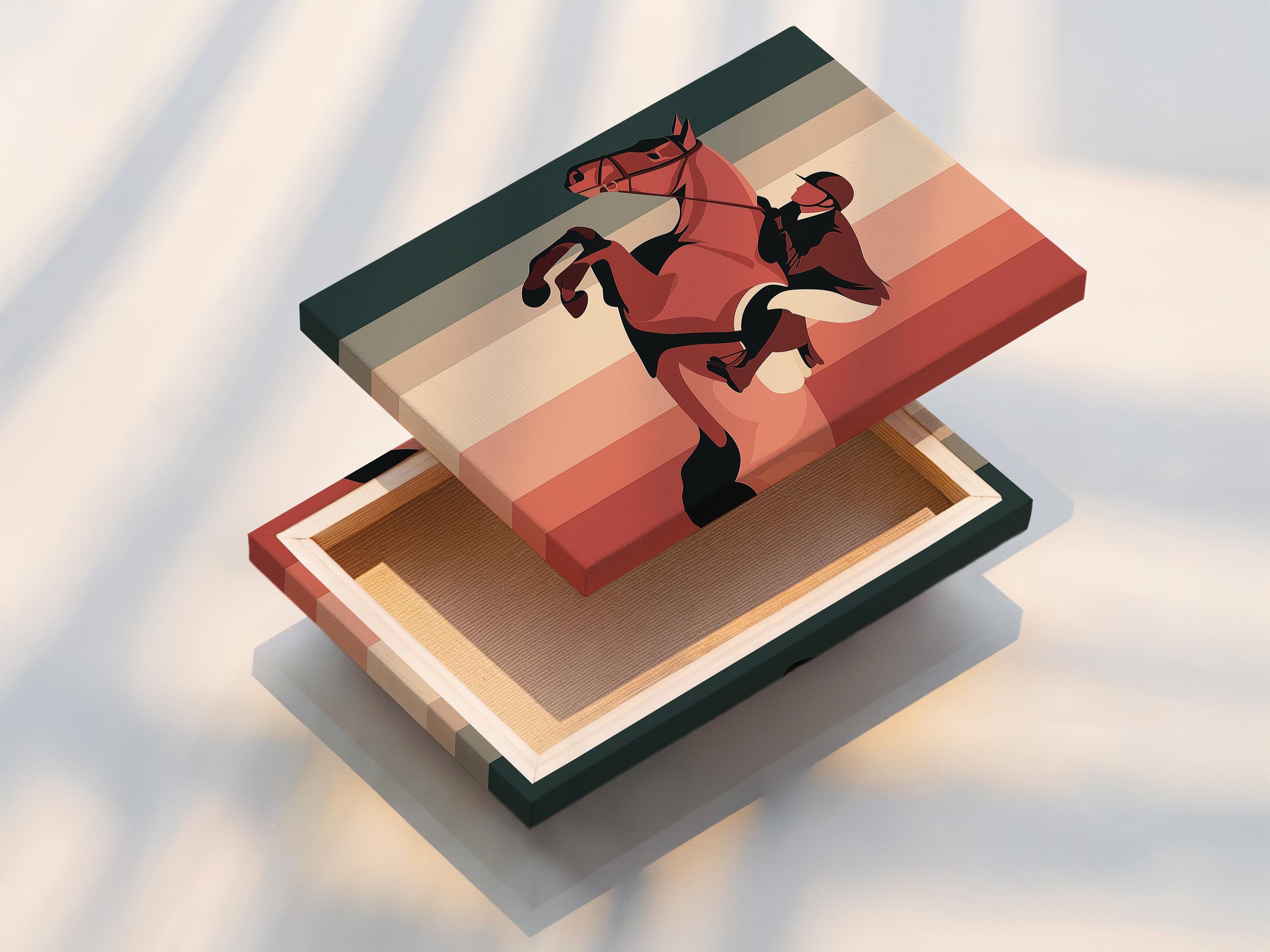 Room mockup with framed retro horse and rider artwork on striped background