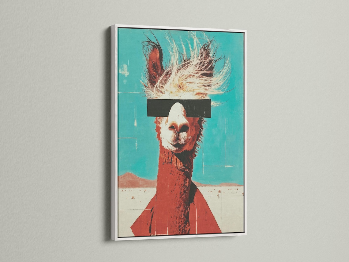 Stylised llama portrait on a turquoise background with rust-brown body and cream fur lines detail view