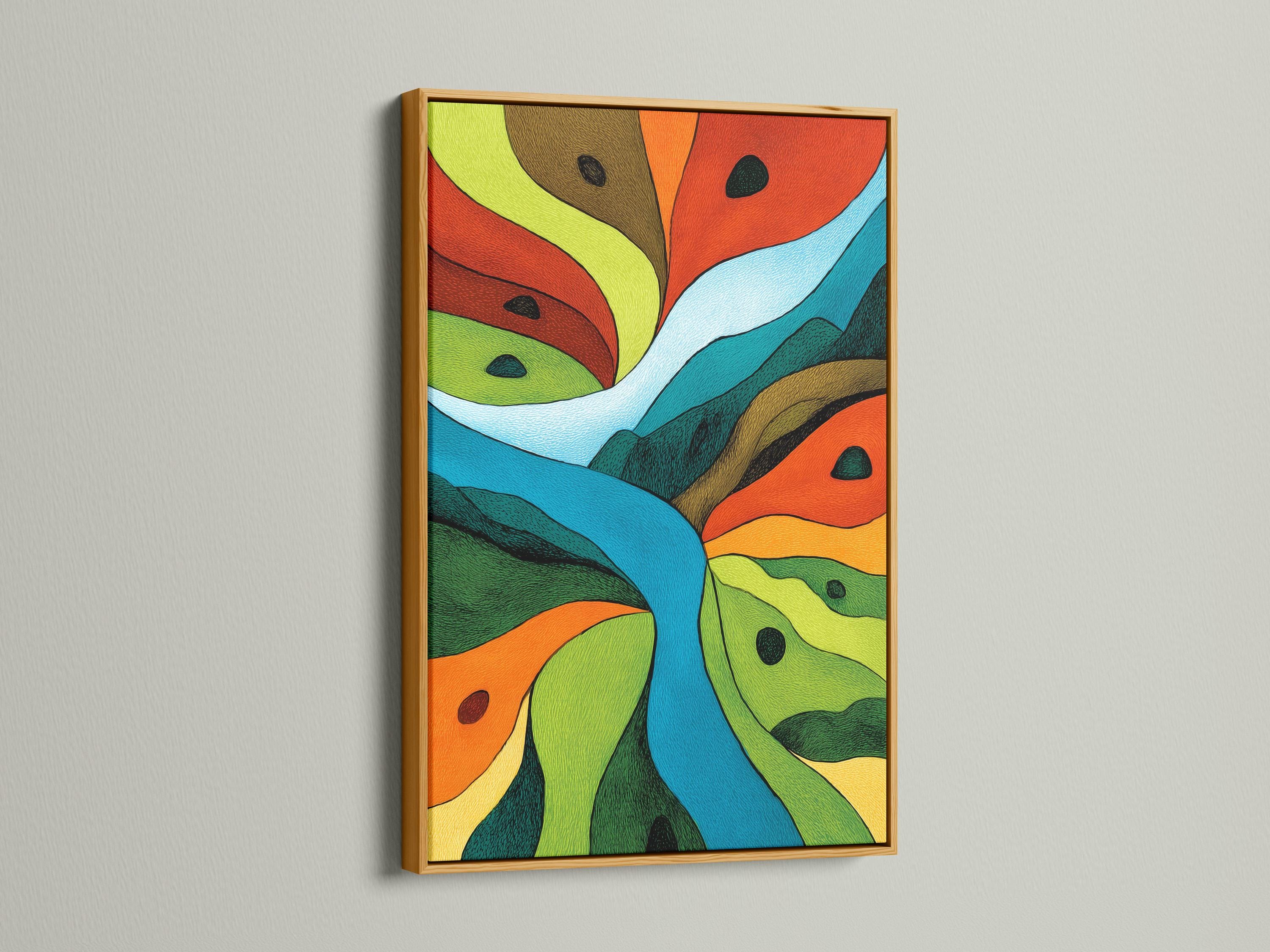 Abstract landscape artwork with sweeping green, orange and blue geometric curves detail view