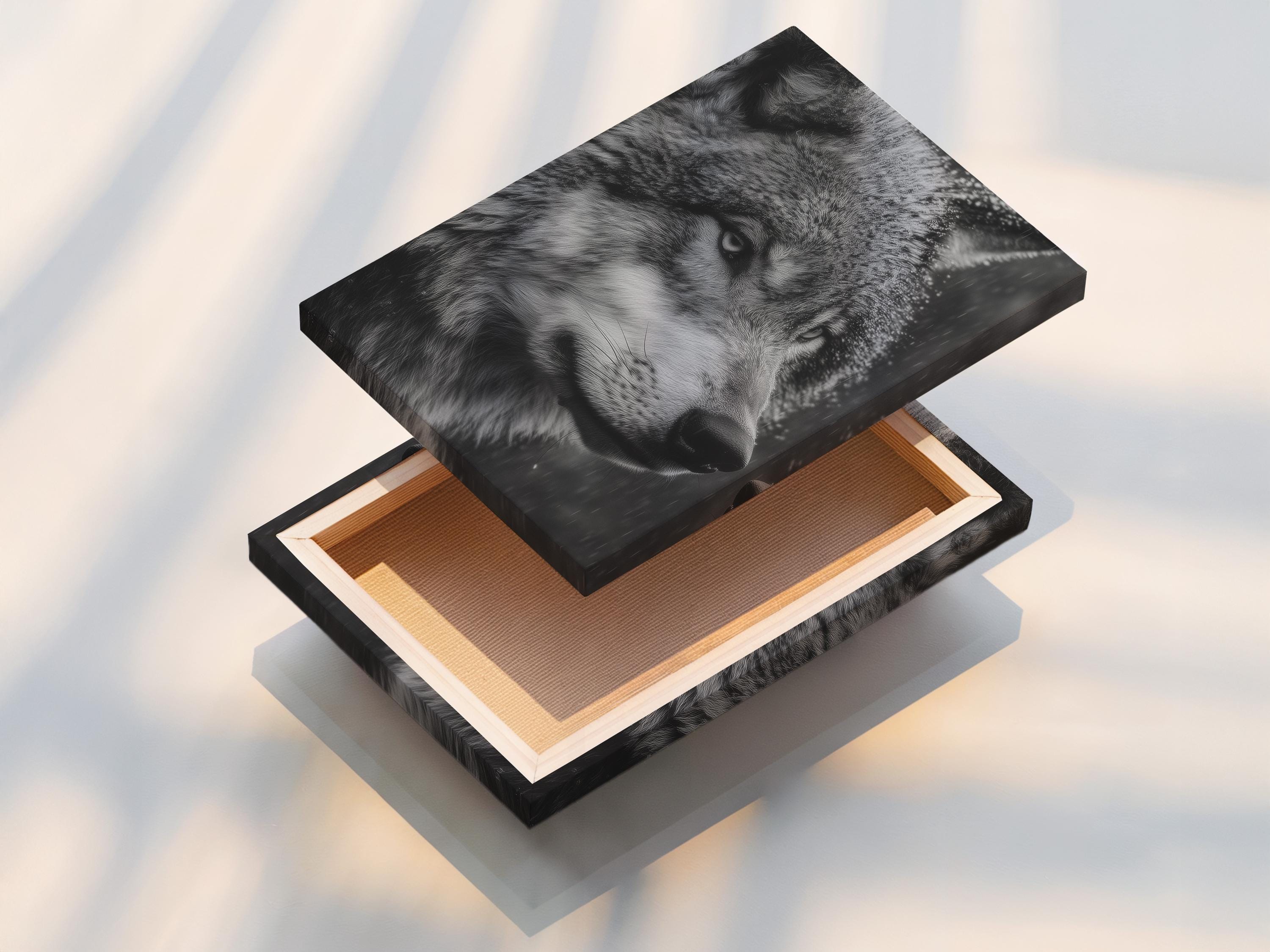 Monochrome wolf portrait artwork with detailed grayscale fur and a dark smoky background detail view