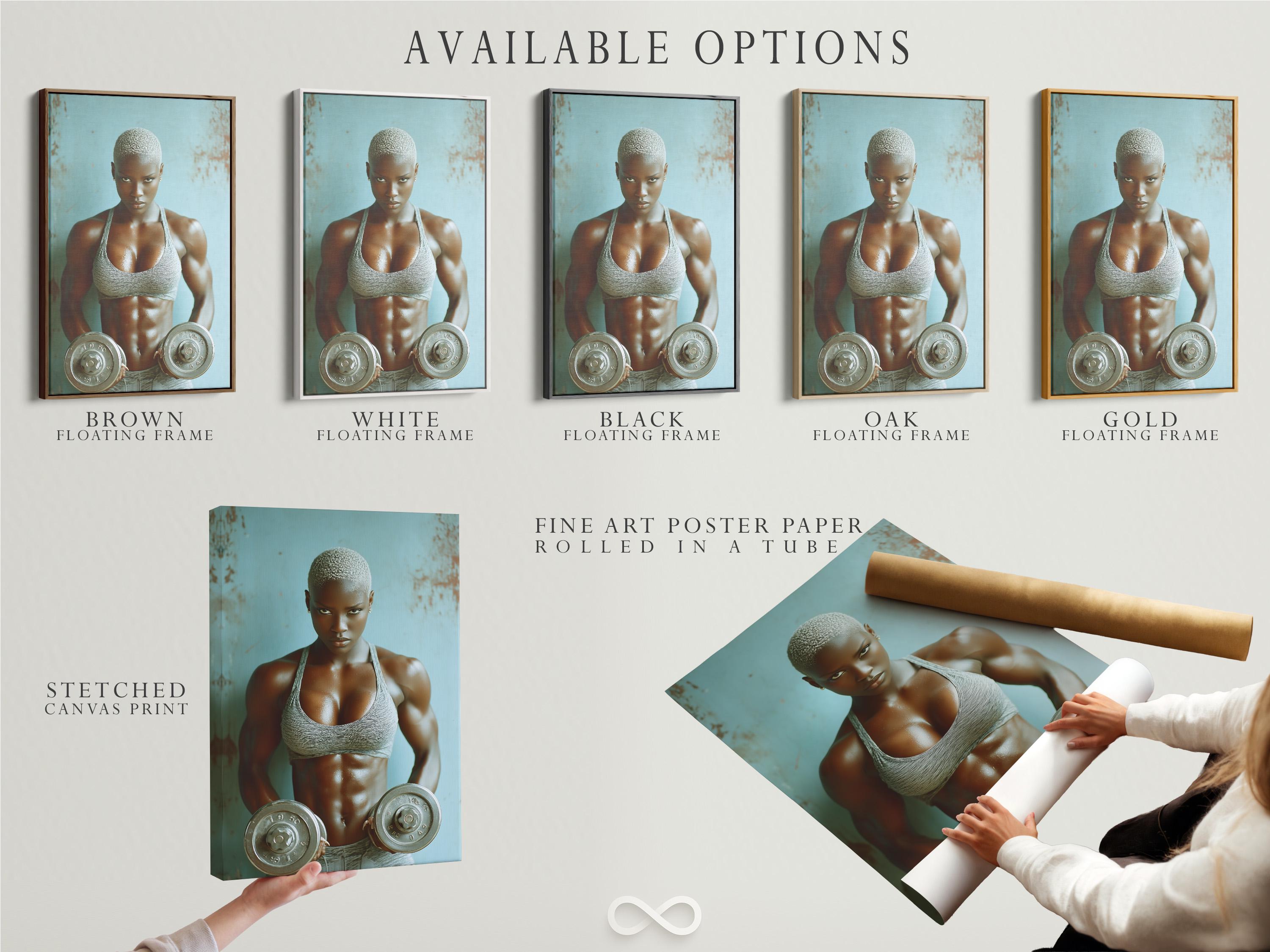 Room mockup showing a framed teal fitness portrait of an athletic woman holding weight plates