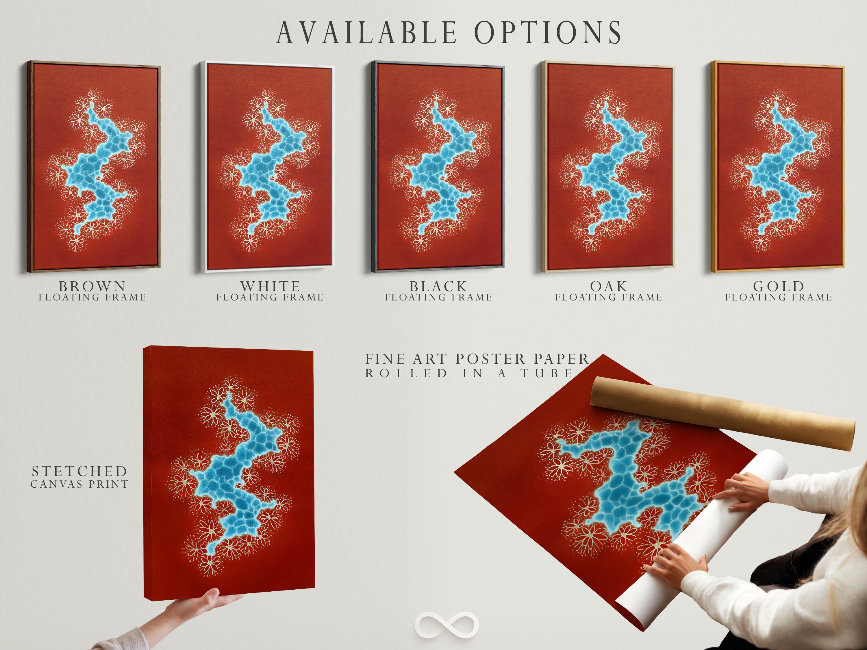 Wall mockup showing framed red abstract river artwork with blue water shape and white flowers