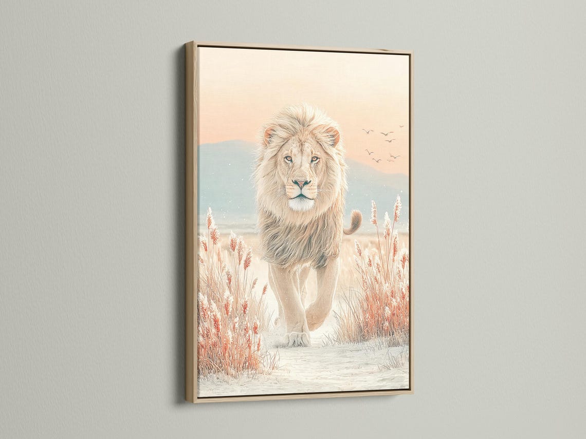 Neutral lion standing in a soft savannah scene with reeds, hills and small birds detail view