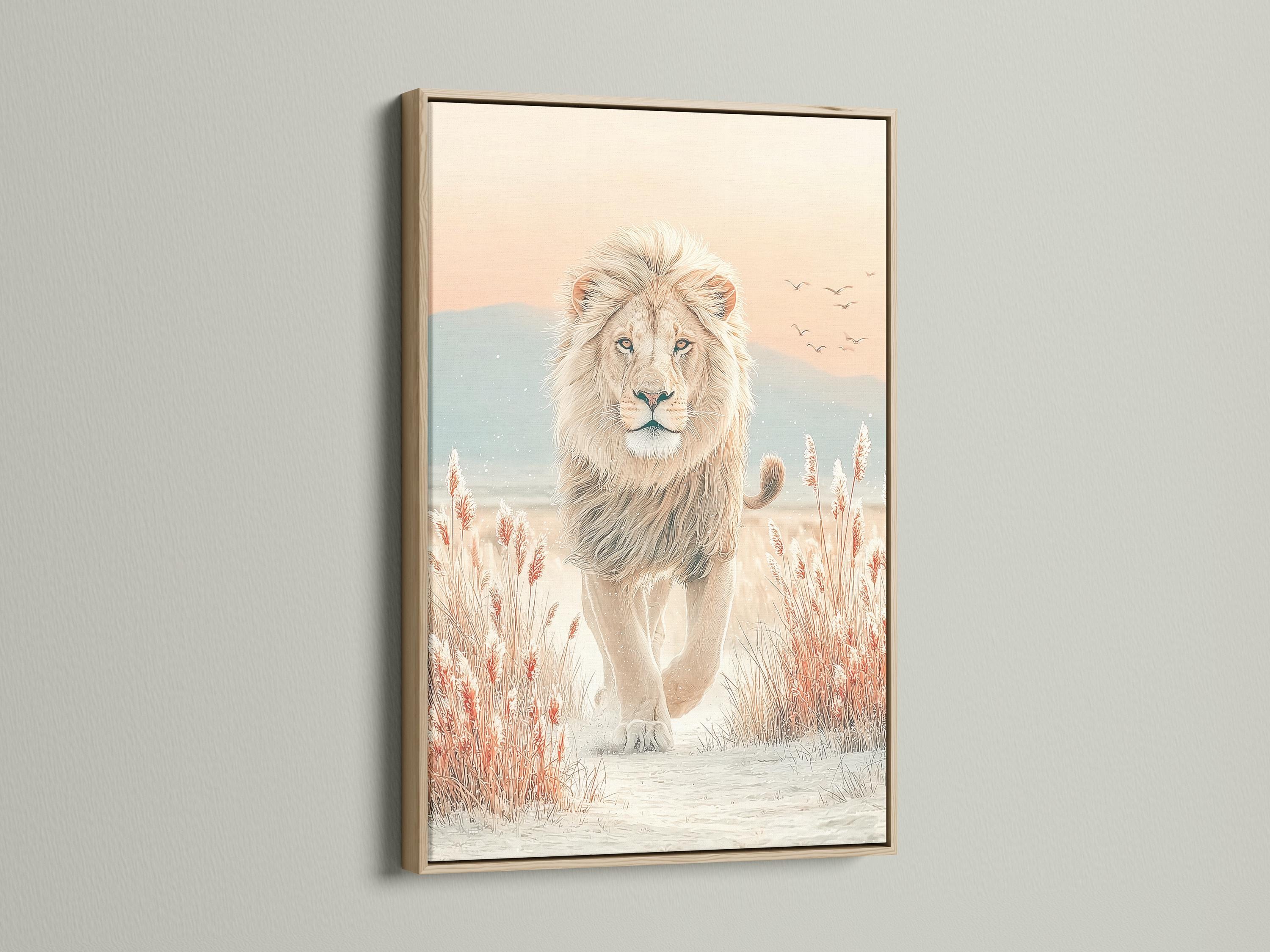 Neutral lion standing in a soft savannah scene with reeds, hills and small birds detail view