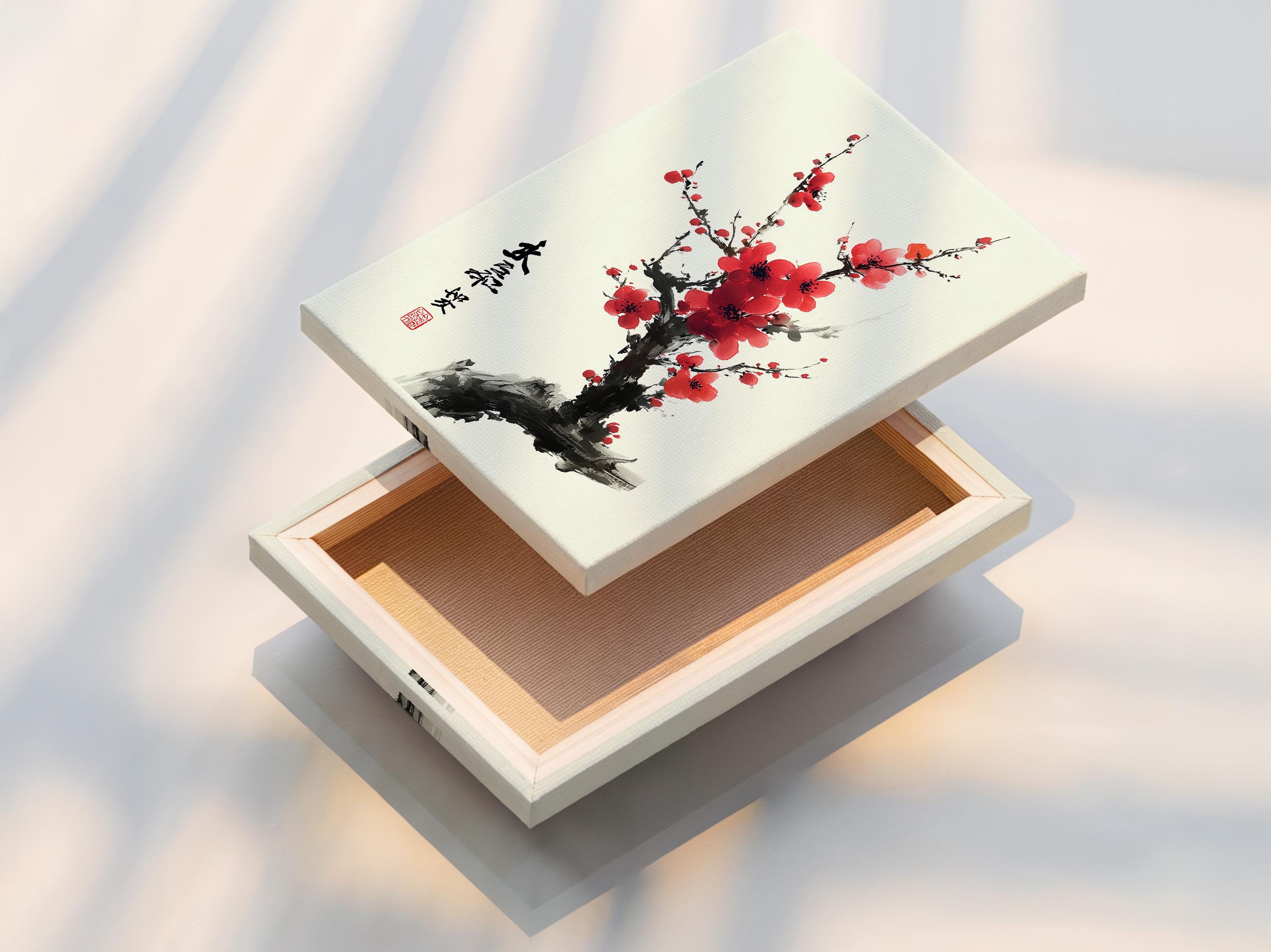 Red plum blossom flowers on dark ink branches with vertical calligraphy and a red seal stamp detail view