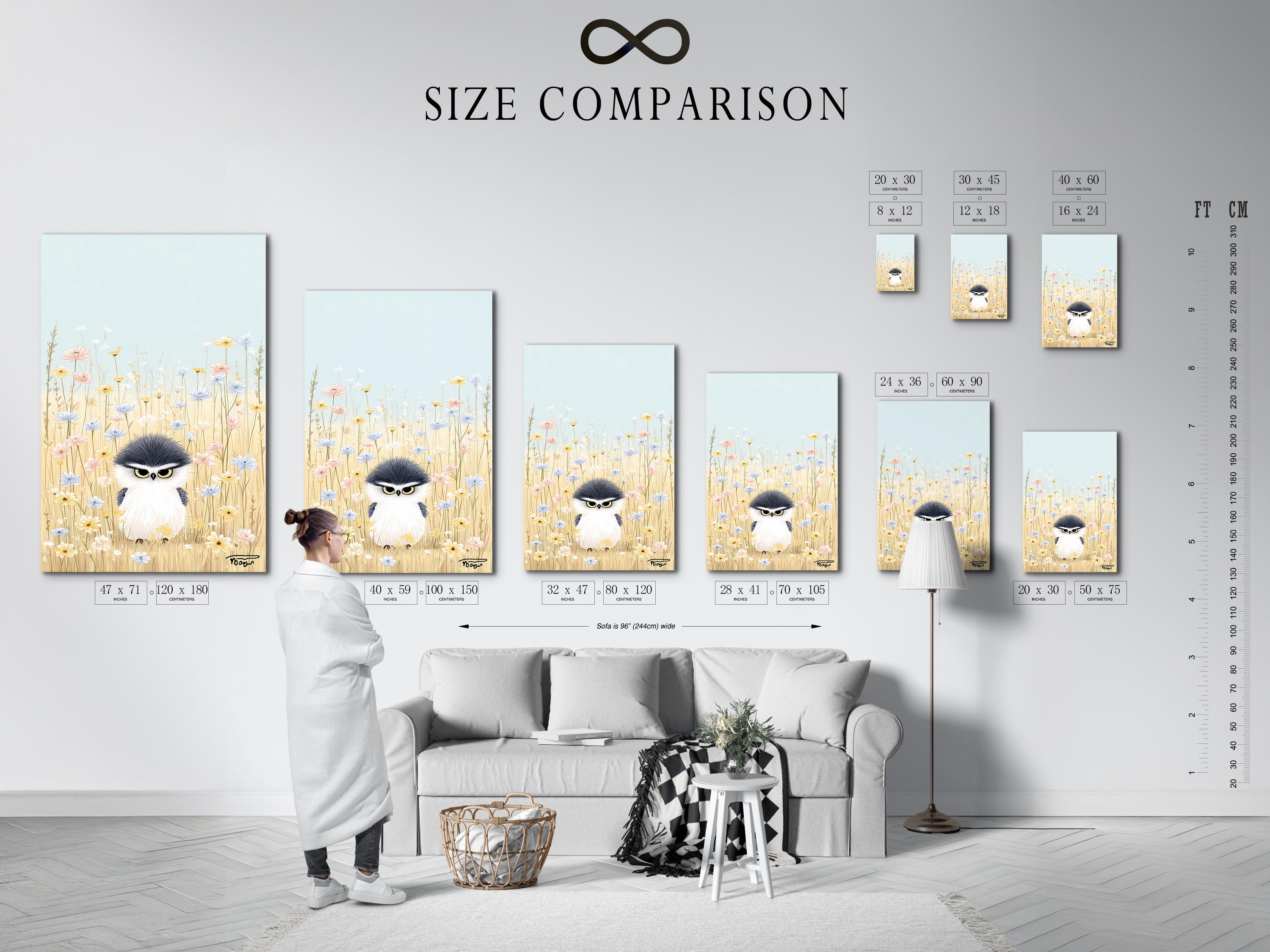 Room mockup showing an artwork with a whimsical owl in a pastel wildflower meadow
