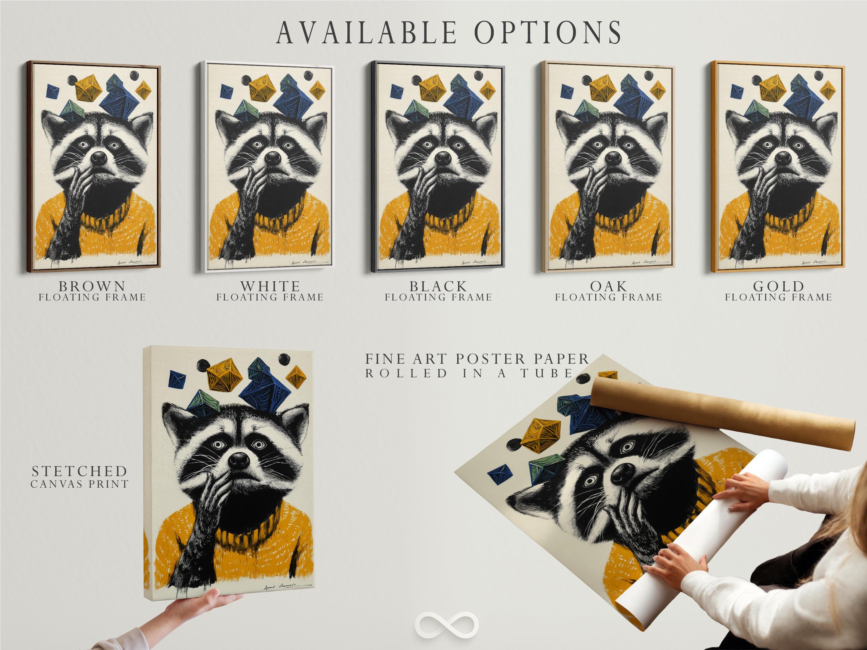 Stylised raccoon portrait with black and white fur, mustard yellow texture, and floating navy geometric shapes detail view
