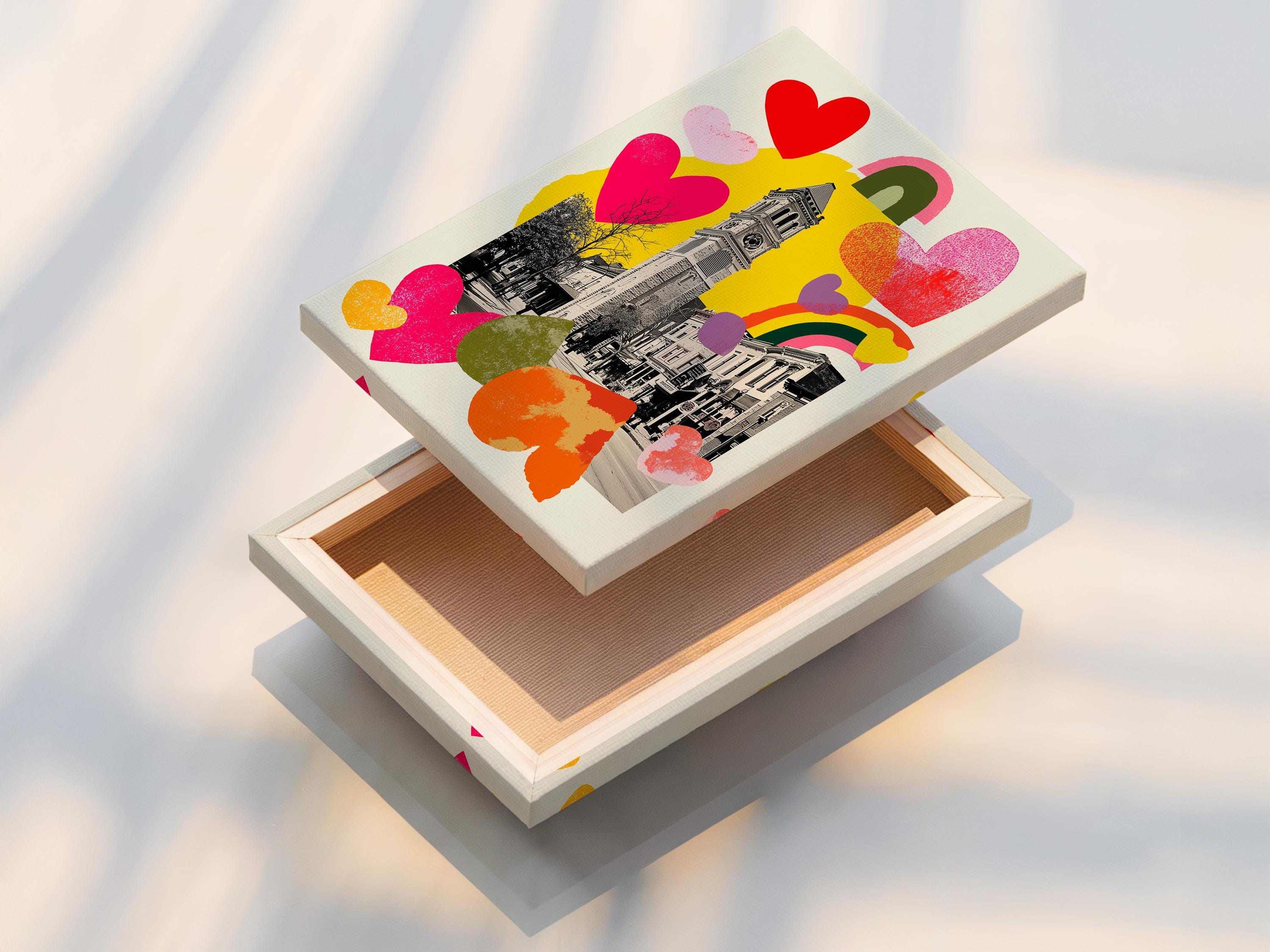 Retro cityscape with a clock tower overlaid by colourful hearts and rainbow shapes detail view